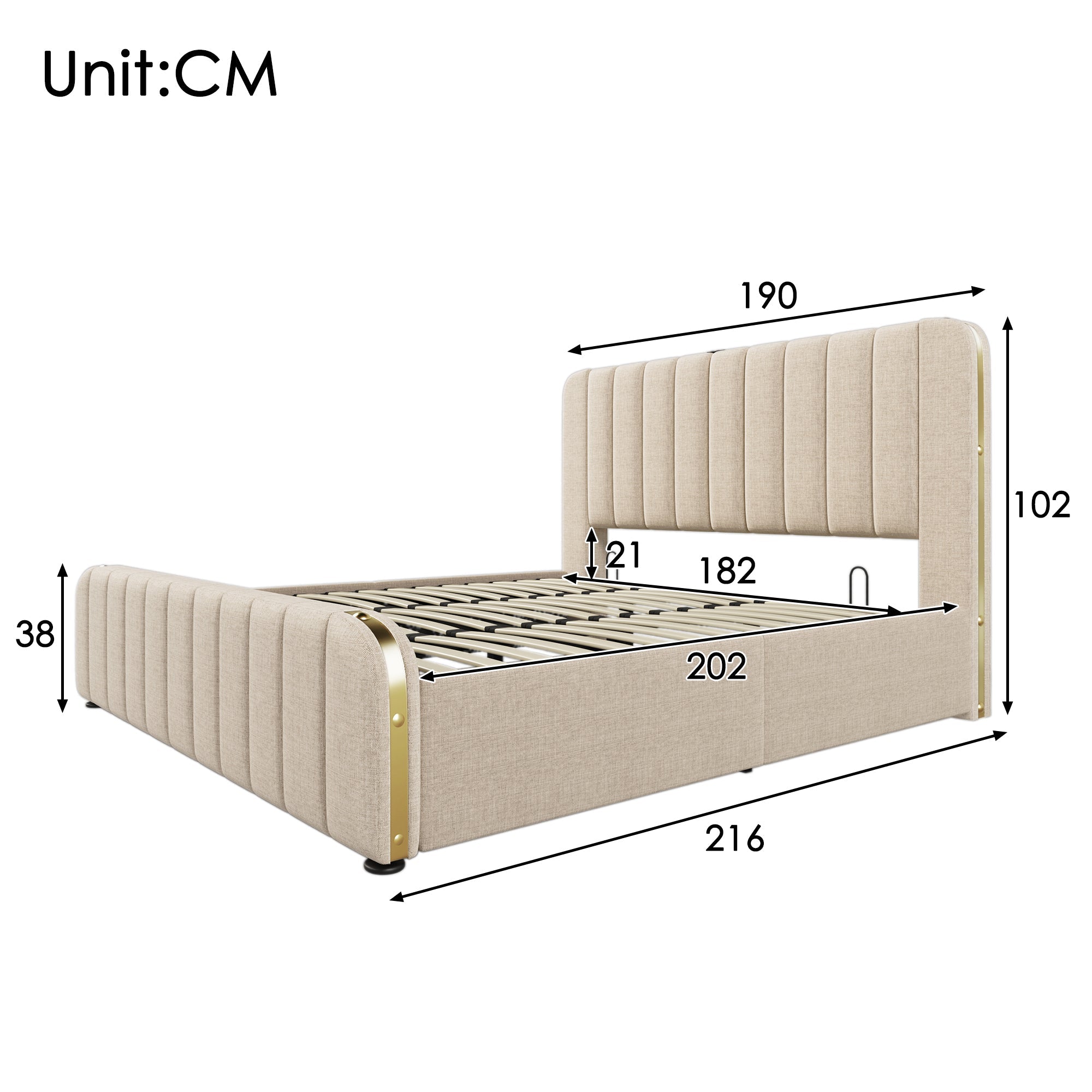 Upholstered Bed with Double Padded Headboard, USB Type-C and Hydraulic Storage, 180x200cm, Beige Linen with Mattress