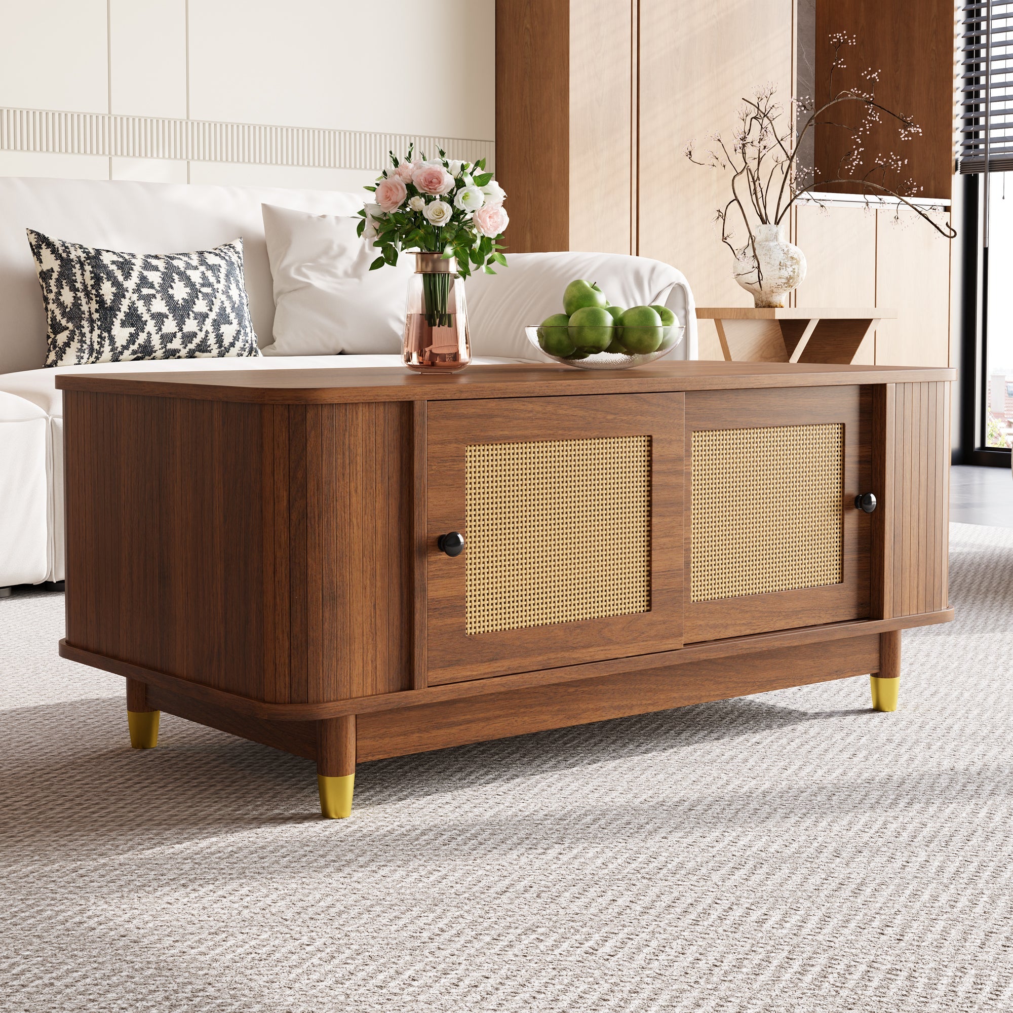 Coffee Table with Rattan Sliding Doors and Rounded Corners, Modern Wood Look MDF