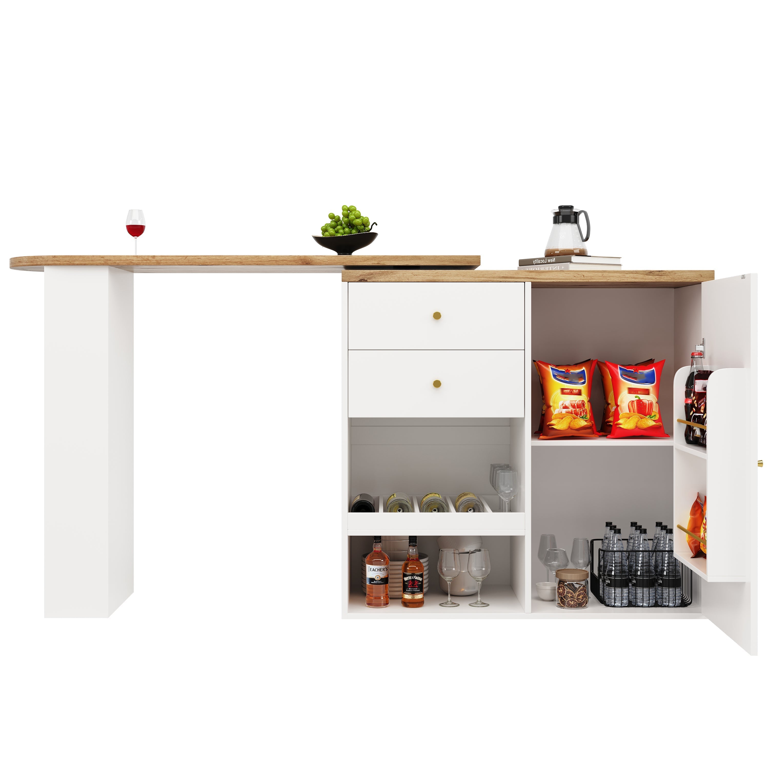 Rotating Bar Table 2 Drawers Sliding Cabinet Open Storage