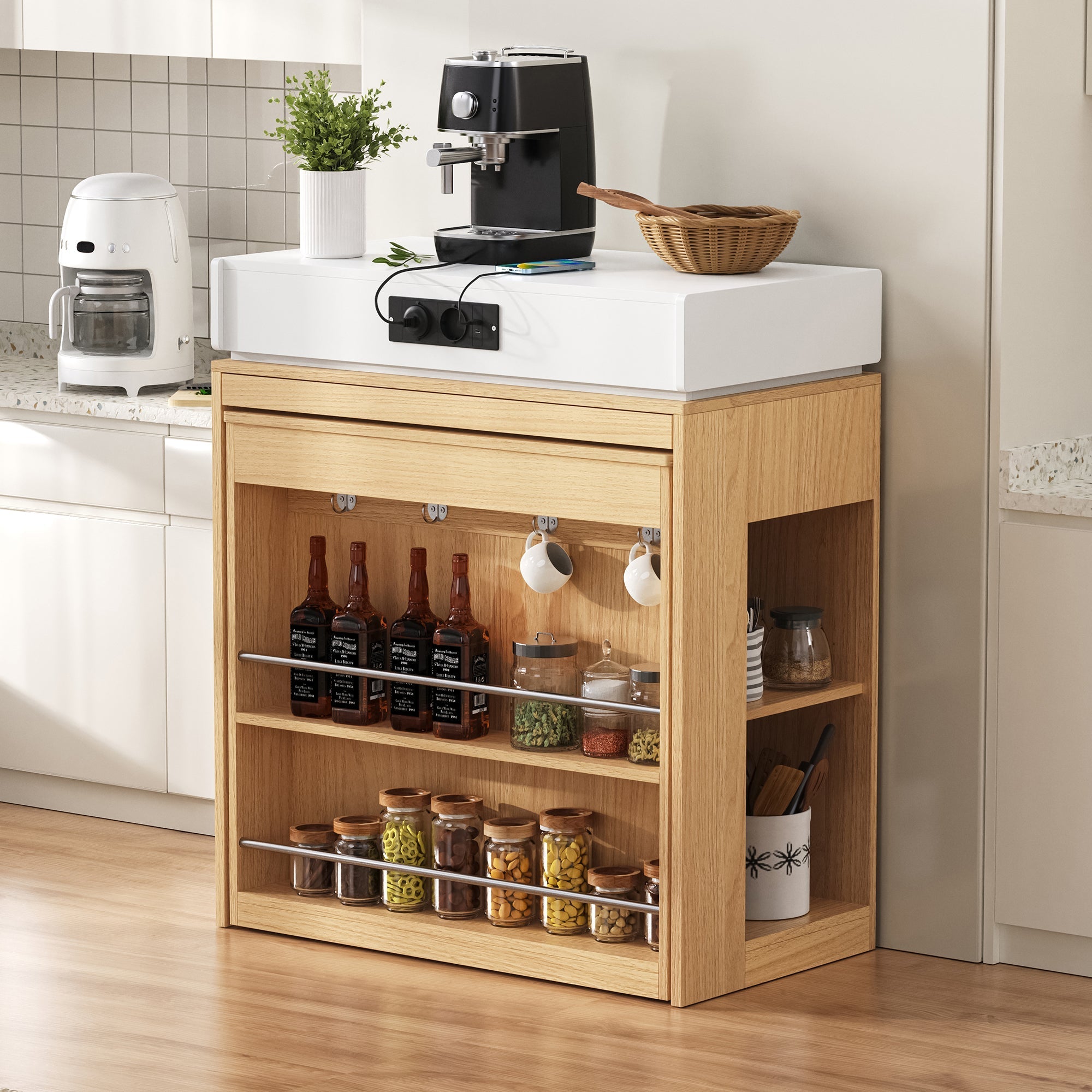 Kitchen Island on Wheels Extendable Dining Table Power Strips & Hooks - Natural