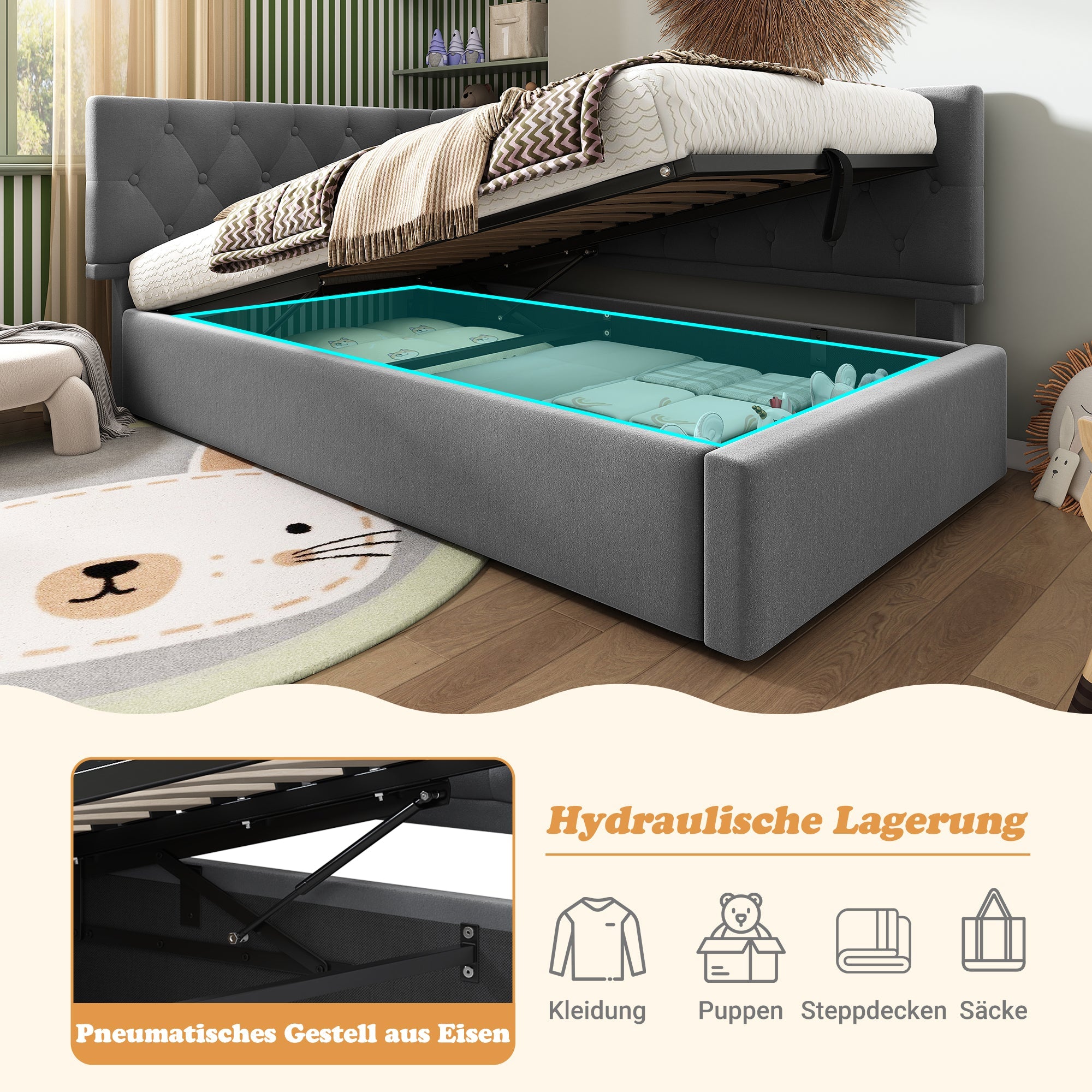 Upholstered Day Bed 90x190cm, Sofa Bed with Hydraulic Storage, Velvet Gray