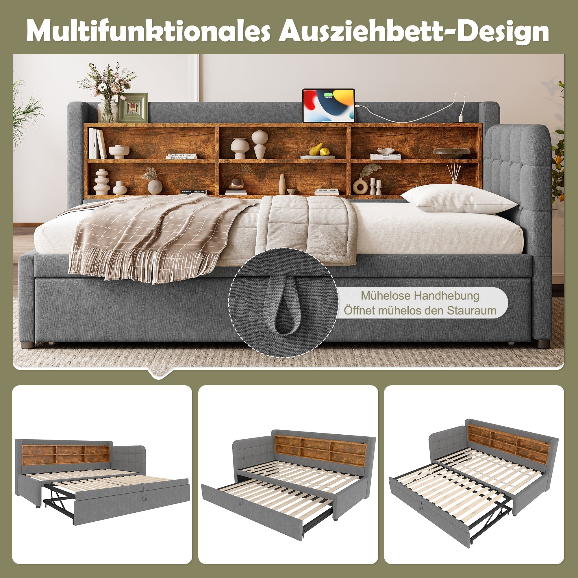 Daybed Sofa Bed 90x200cm Pull-out Storage USB/Type-C - Linen Grey