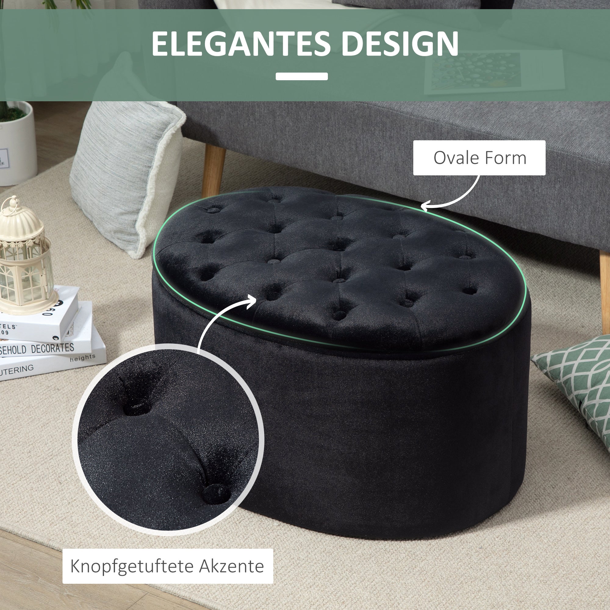 Bench Upholstered Modern Storage Oval Shape, Velvety Polyester Black