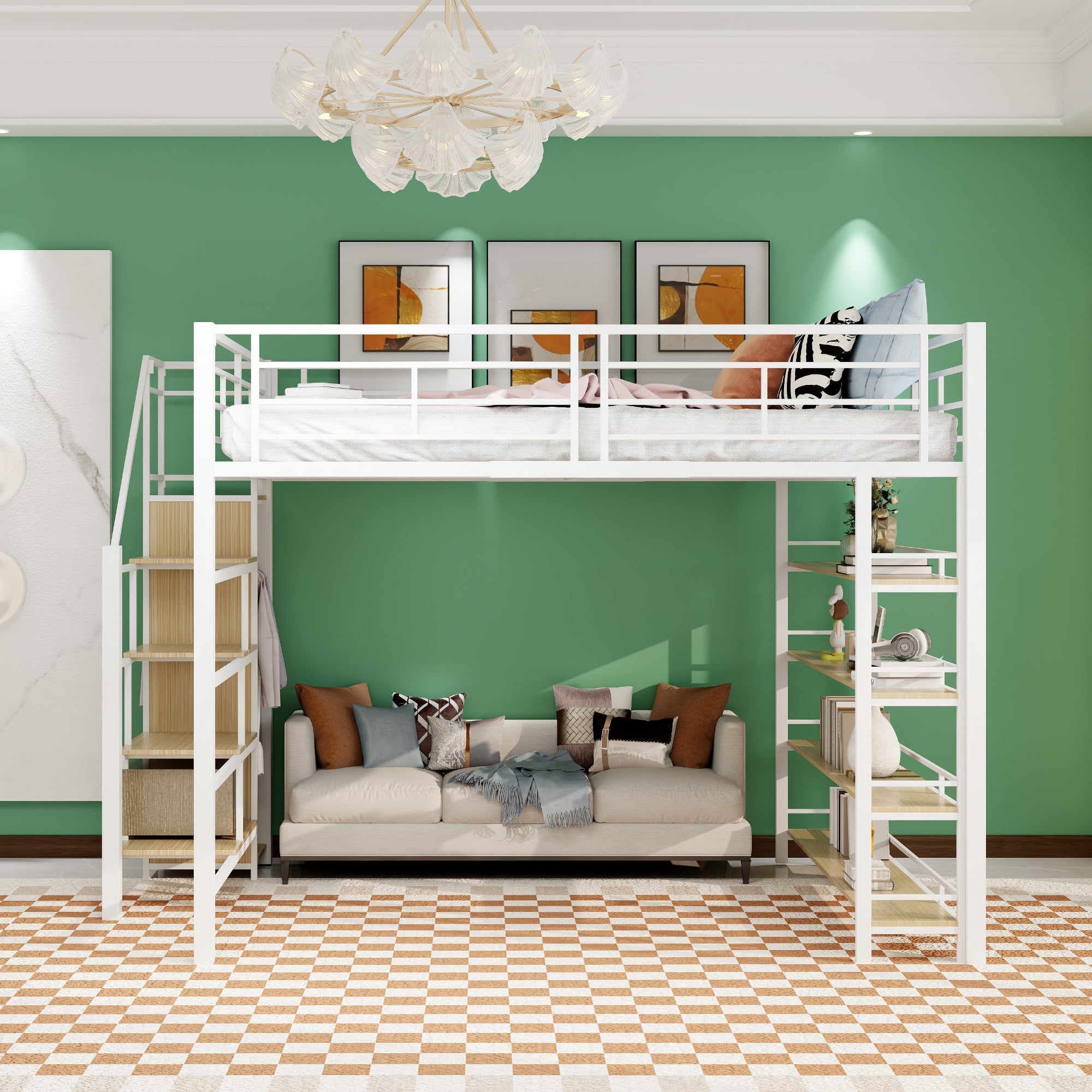 Loft Bed, 140*200 with Stairs, Storage, Wardrobe, Shelves, White