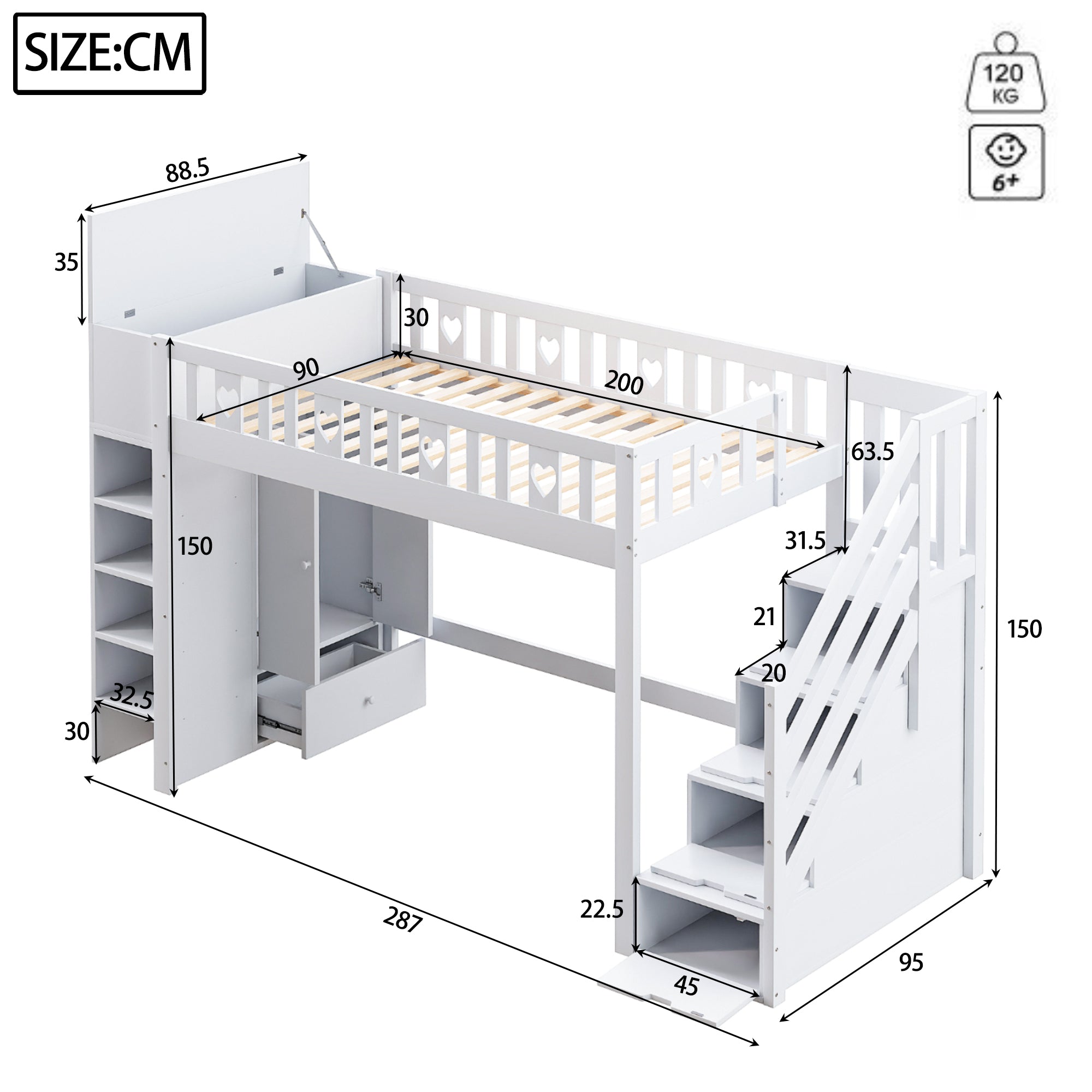 Loft Bed 90x200cm Storage Ladder Shelves Fold-Down Cabinet Love Railing - White
