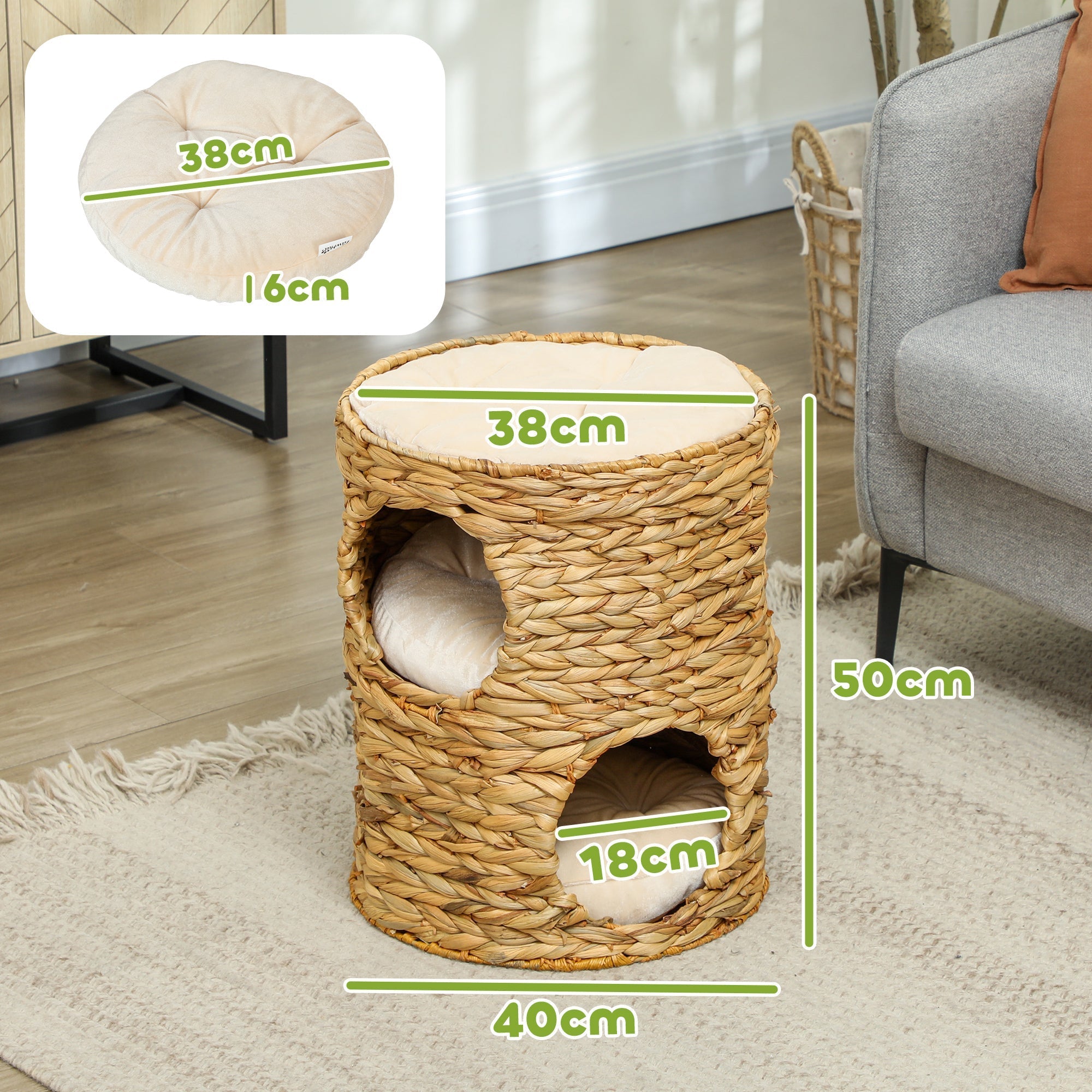 Cat Scratching Barrel, 50cm 2 Caves Cushion, Water Hyacinth Light Brown