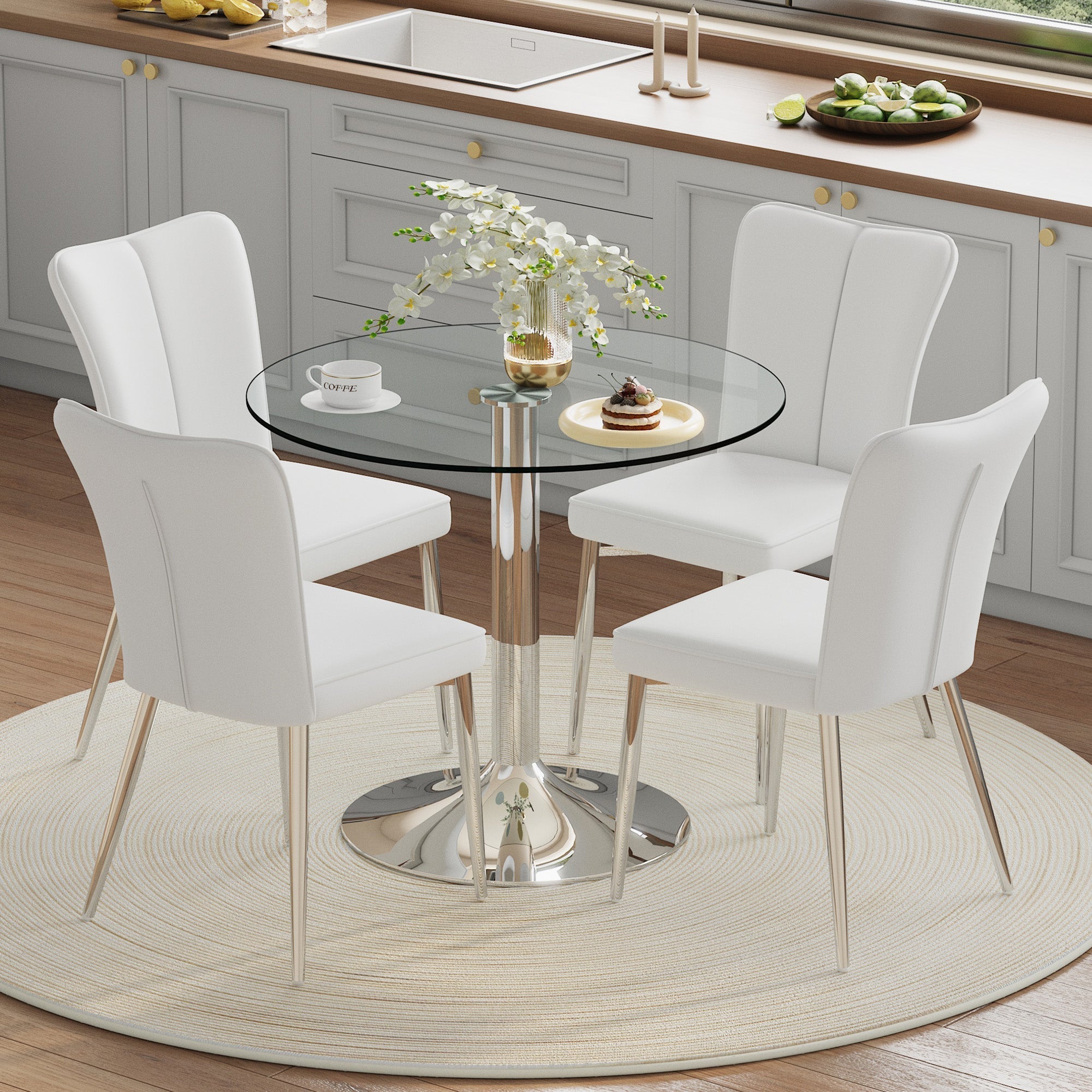 Dining Table Set Modern Minimalist 85cm Tempered Glass 4 Chairs White PU