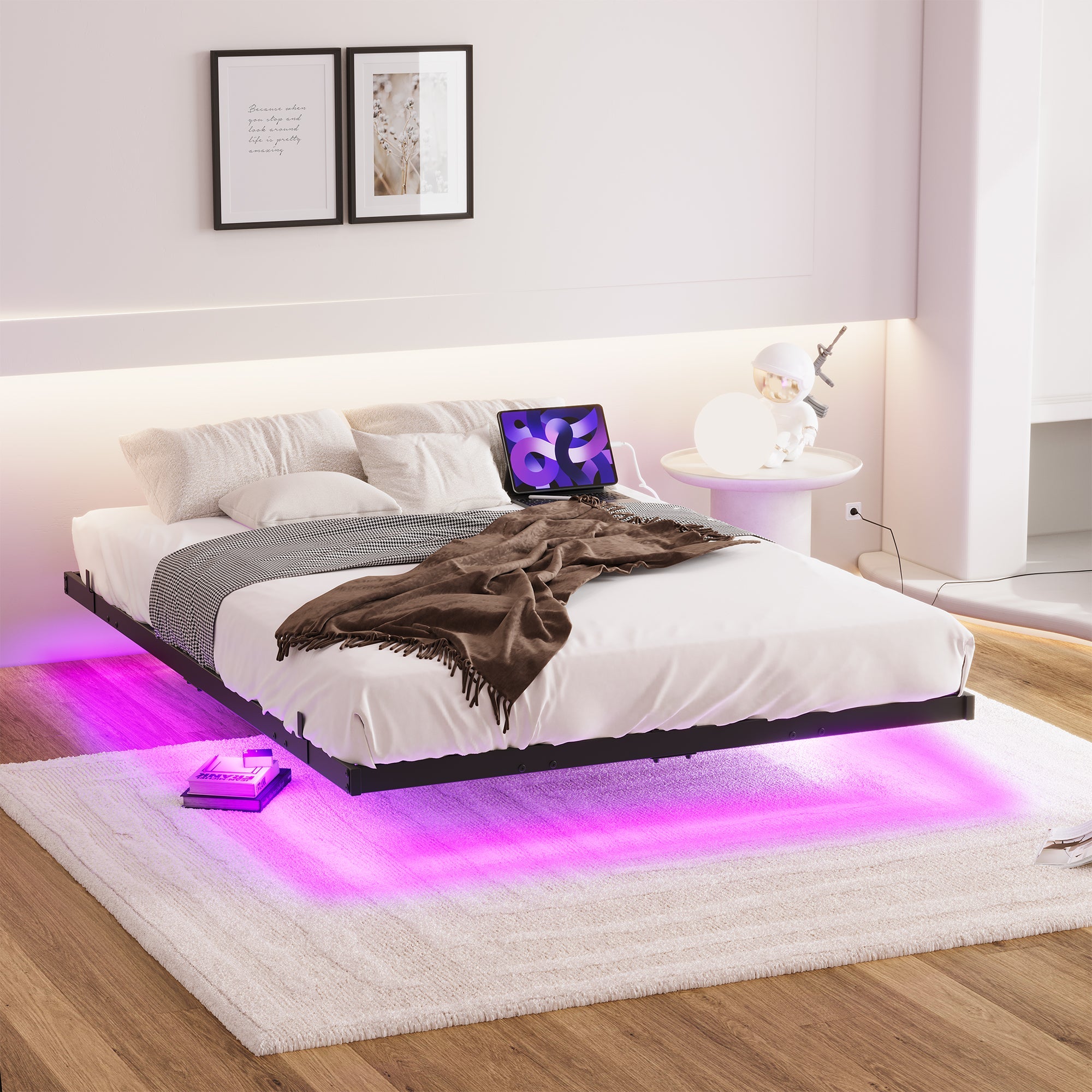 Floating Bed Frame 140x200cm LED & Charging Station, Metal Black