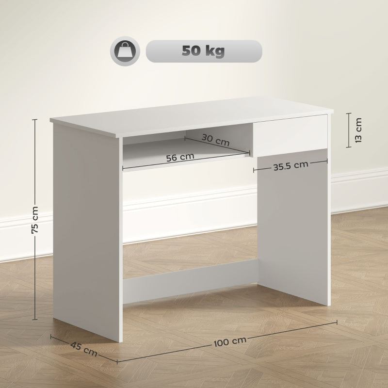 Computer Desk Compact 100cm with Keyboard Tray and Drawer, White