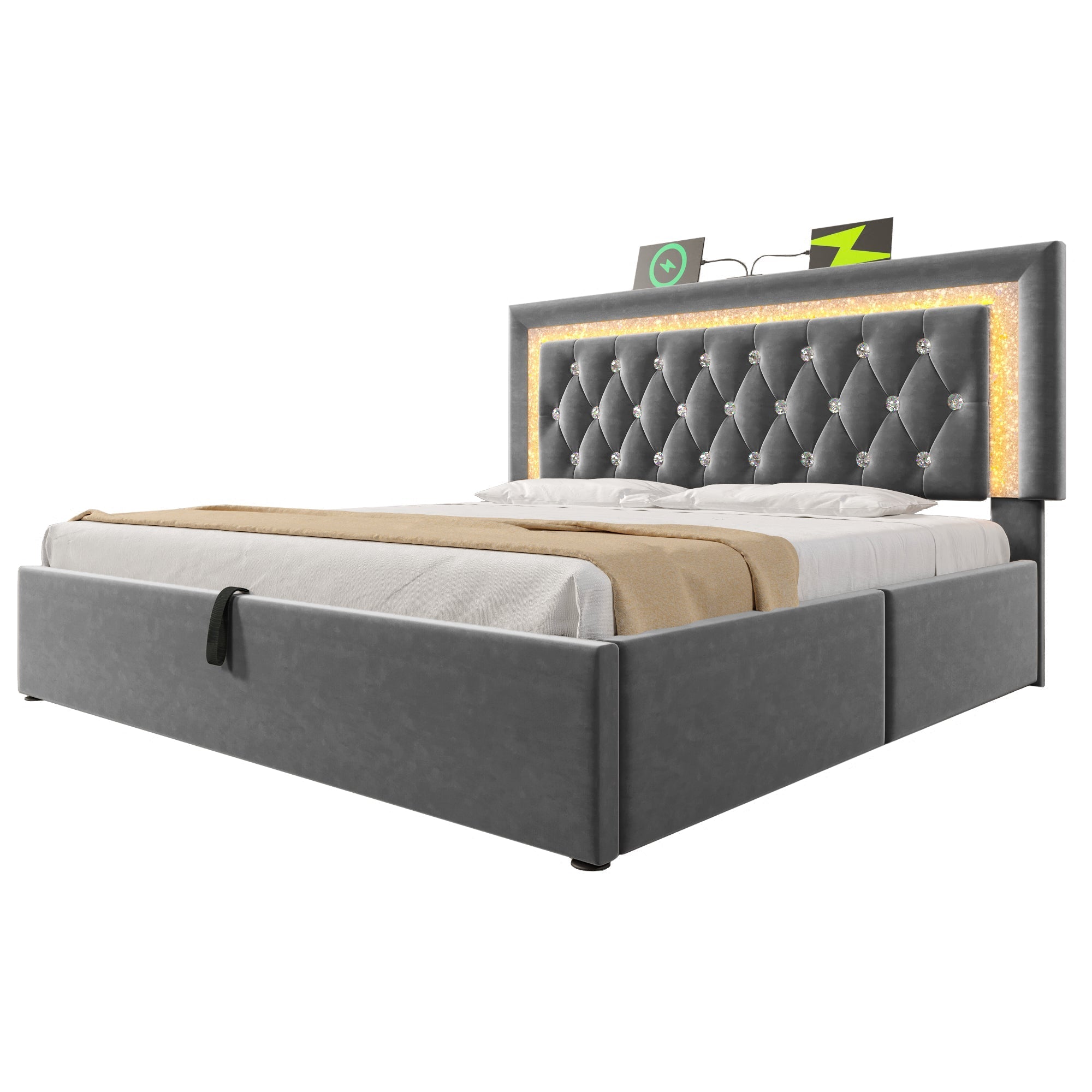 Upholstered Double Bed 140x200cm Hydraulic Storage LED Headboard USB/Type-C Velvet Grey