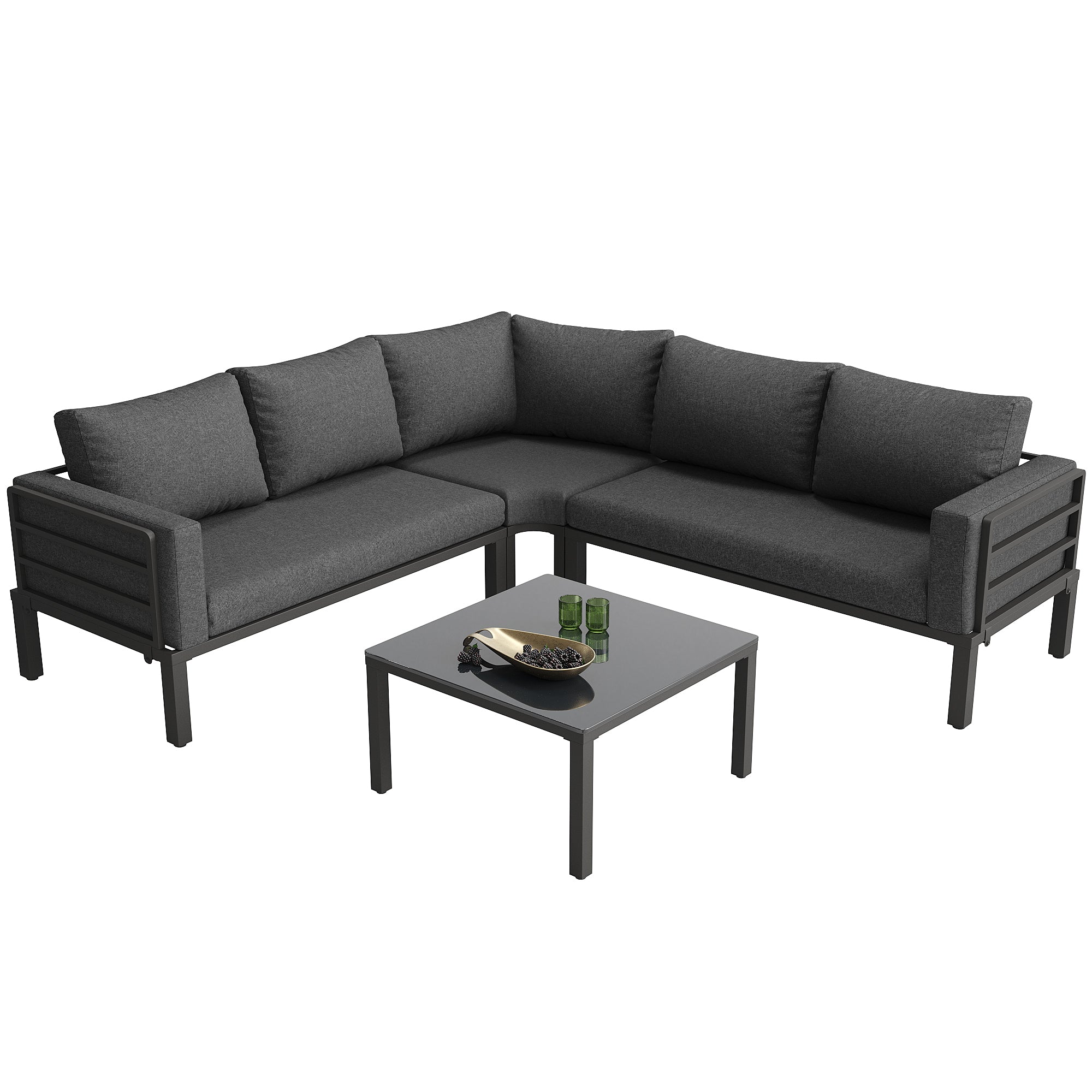 Modular Garden Furniture Set with Corner Sofa, Rocking Chair and Glass Table, Metal Frame and Rope Weave
