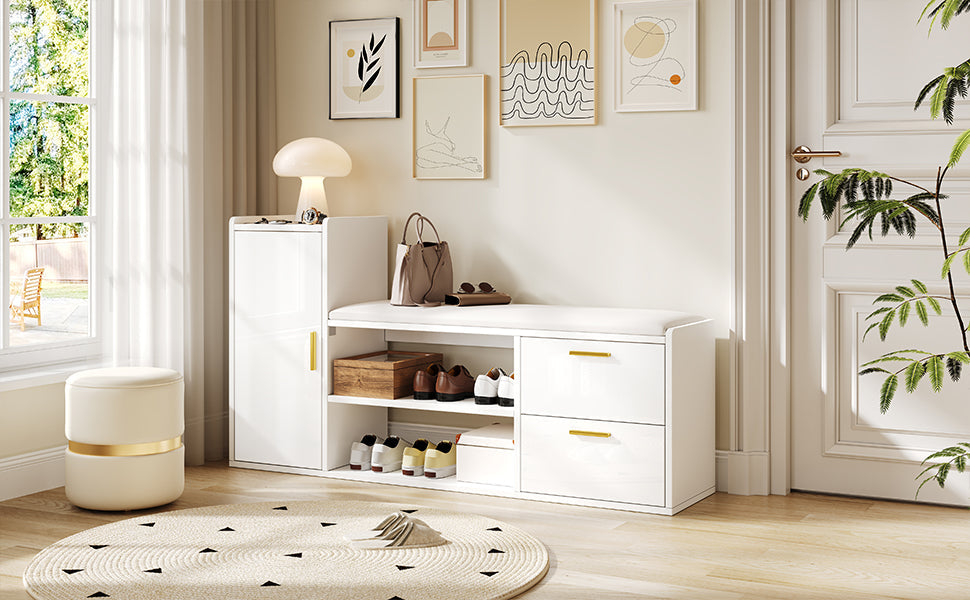 Shoe Cabinet 128x30x68cm with Bench, 2 Drawers, High-Gloss White