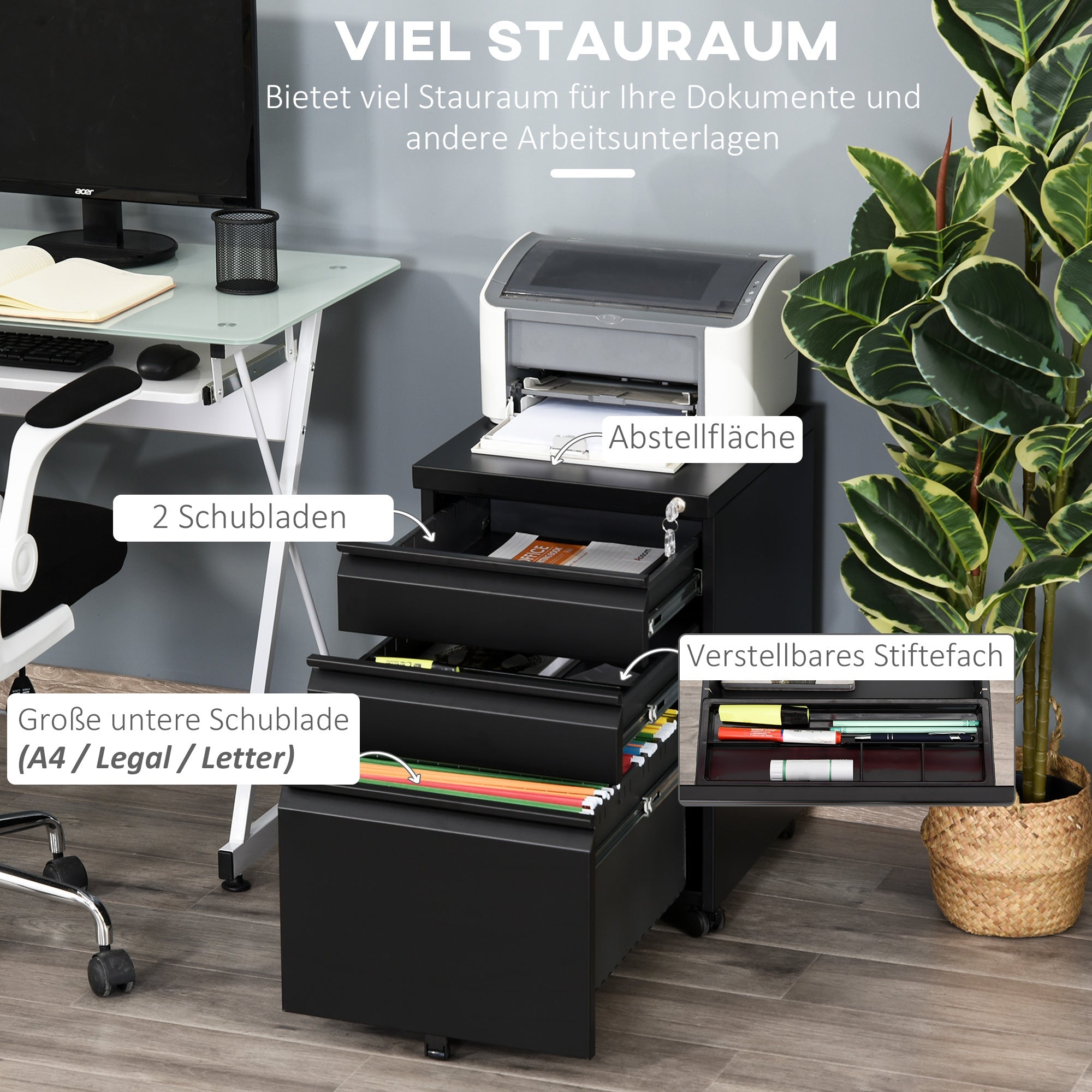 Vinsetto Office Cabinet, 3-Drawer Mobile Steel, Black
