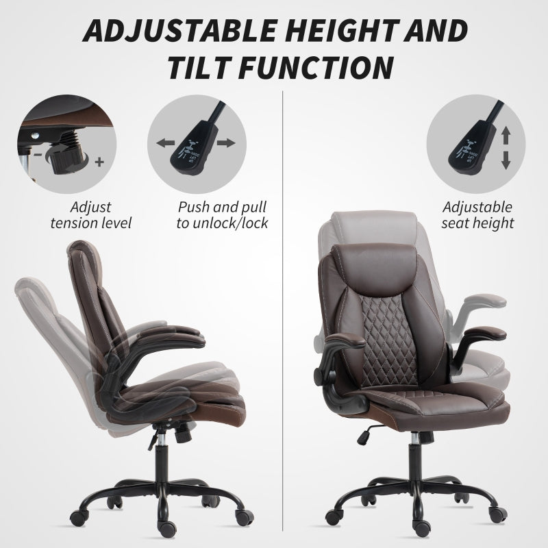 Faux Leather Office Chair with Flip-Up Armrests, Brown