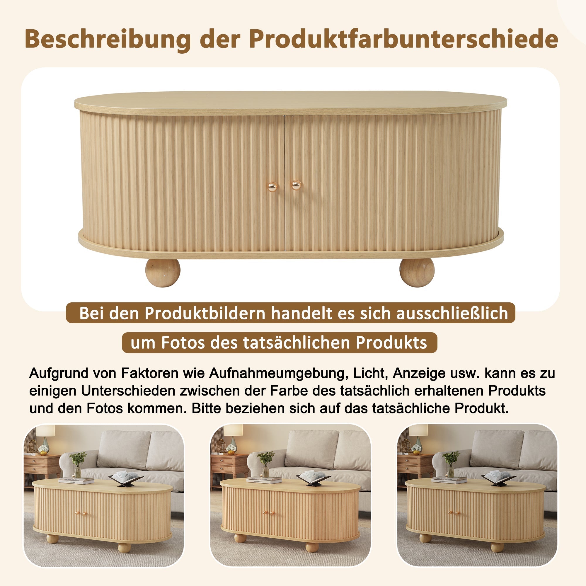 Oval Coffee Table with Storage and Sliding Doors, Multifunctional, Wood Colors