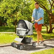 Pet Stroller: Foldable Pushchair with Wheels, Zipper Entry, Cup Holder & Basket, Grey