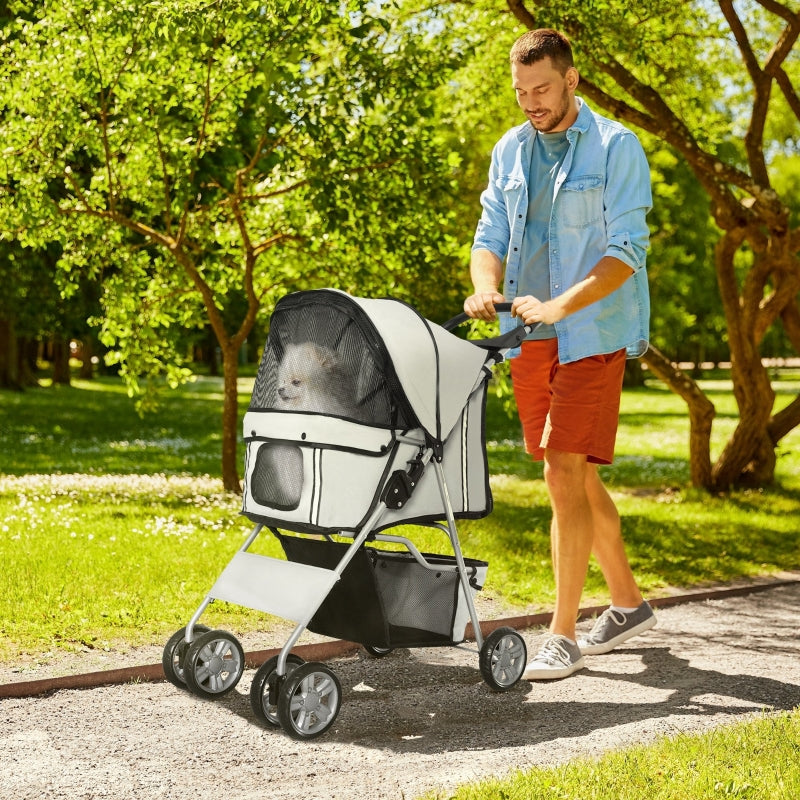 Pet Stroller: Foldable Pushchair with Wheels, Zipper Entry, Cup Holder & Basket, Grey