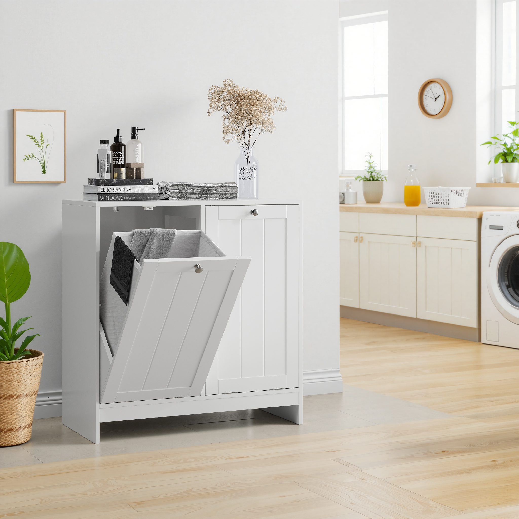 Tilting Laundry Basket Cabinet with Removable Hamper and Storage, Freestanding Bathroom Organizer, White MDF