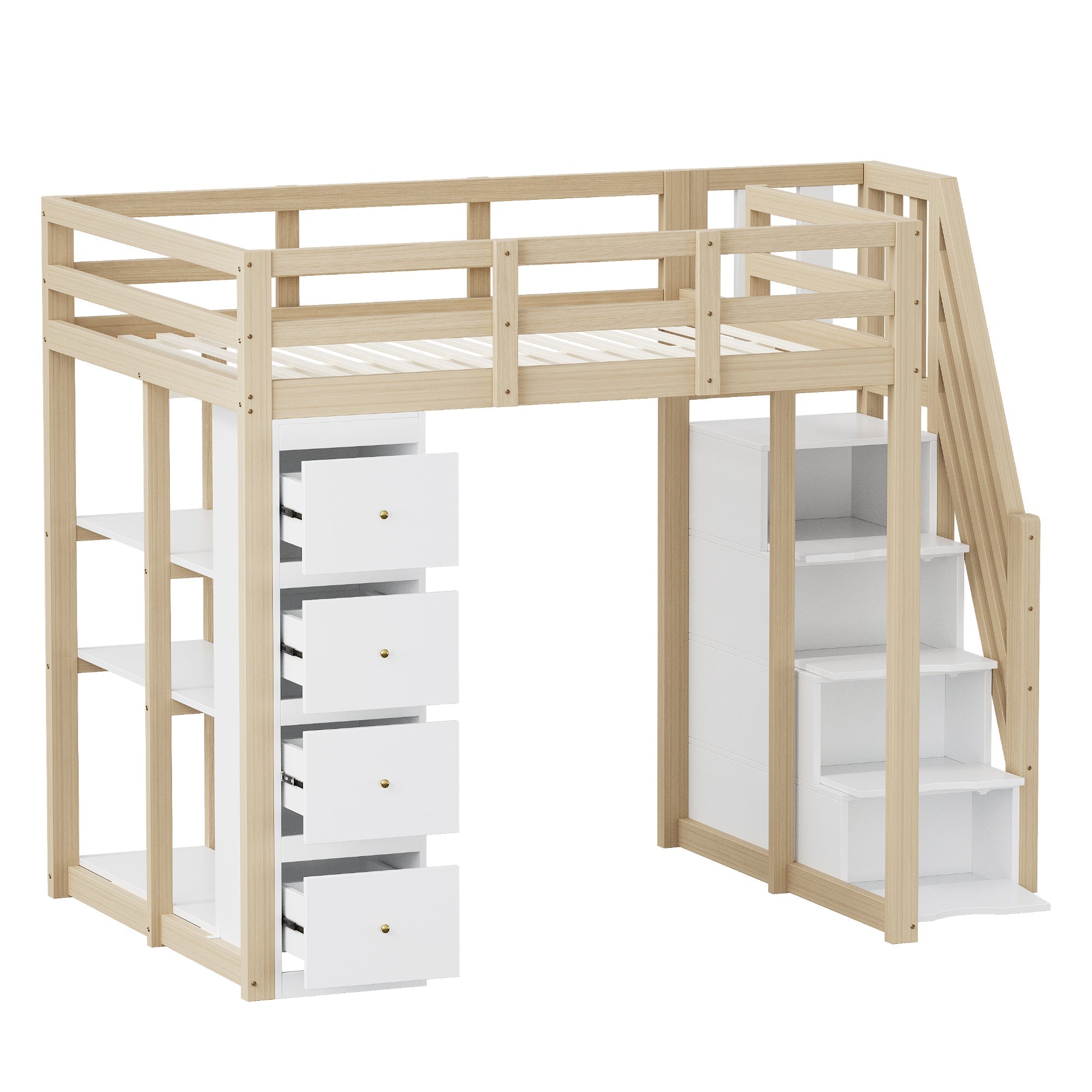 High Loft Bed with 4 Drawers and Storage Shelves, White and Natural Wood Color