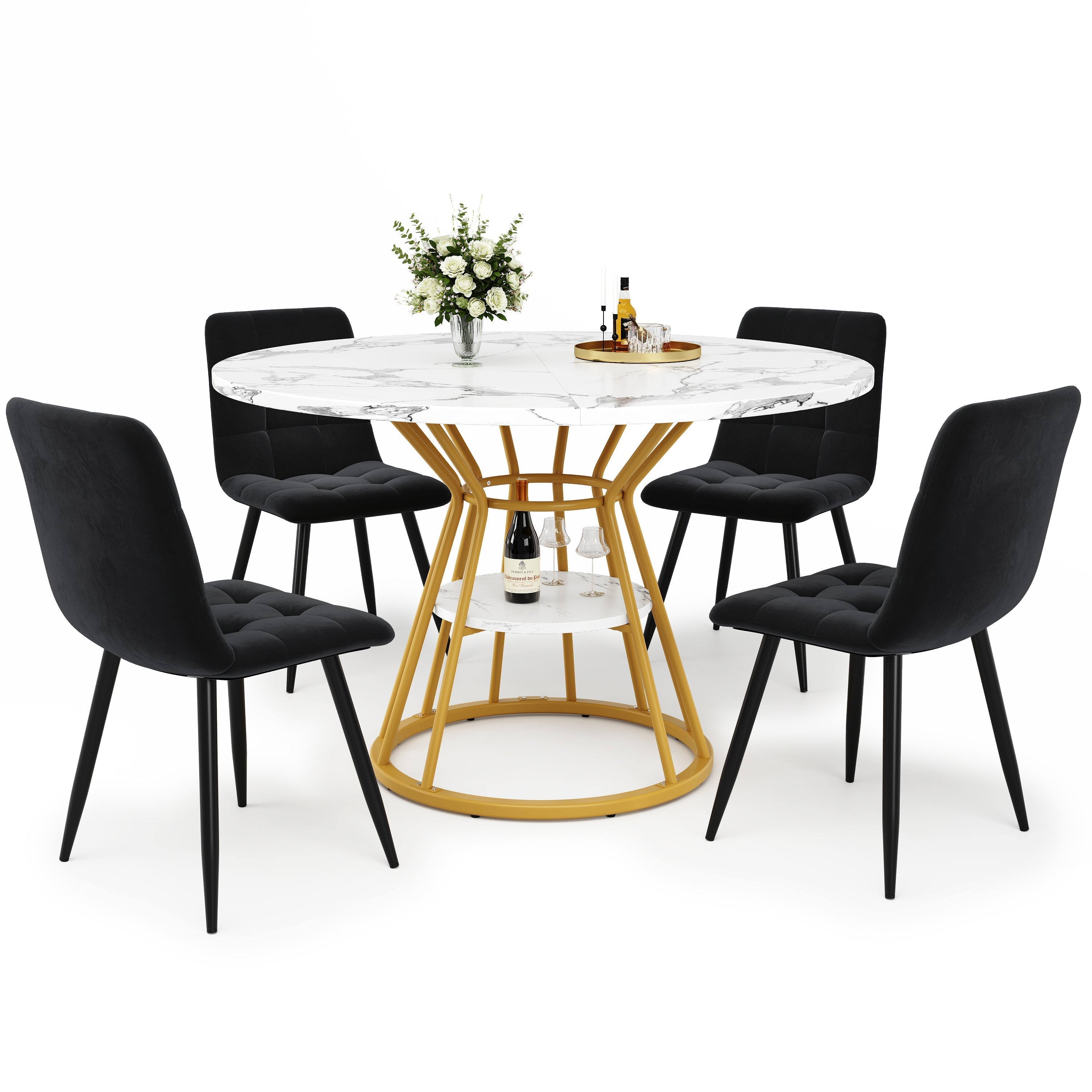5-Piece Round Dining Table Set with 4 Velvet Chairs and Marble Top, Black