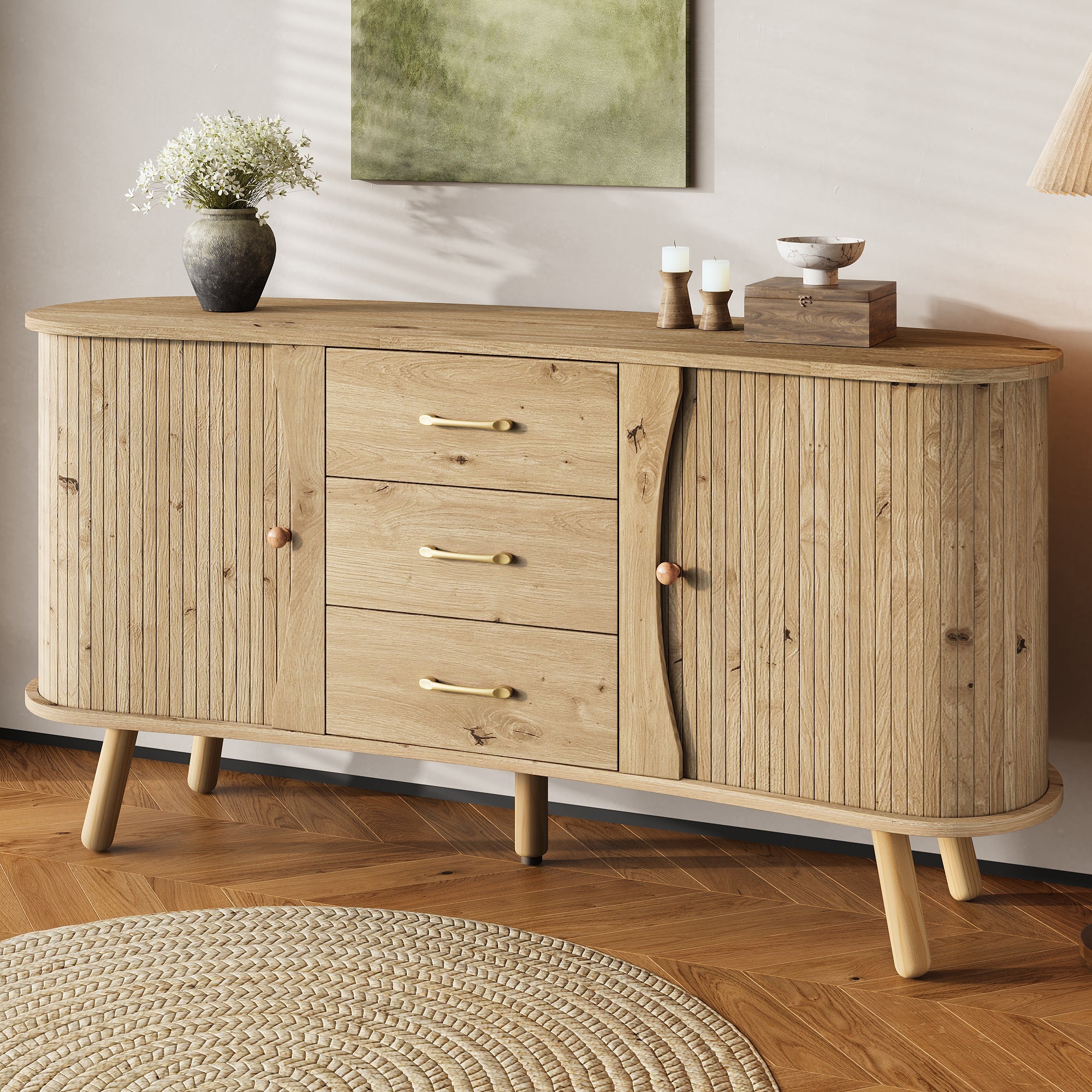 Pea-Shaped Sideboard with 2 Sliding Doors and 3 Drawers, Scandinavian Style with Solid Wood Legs, Wood Look MDF