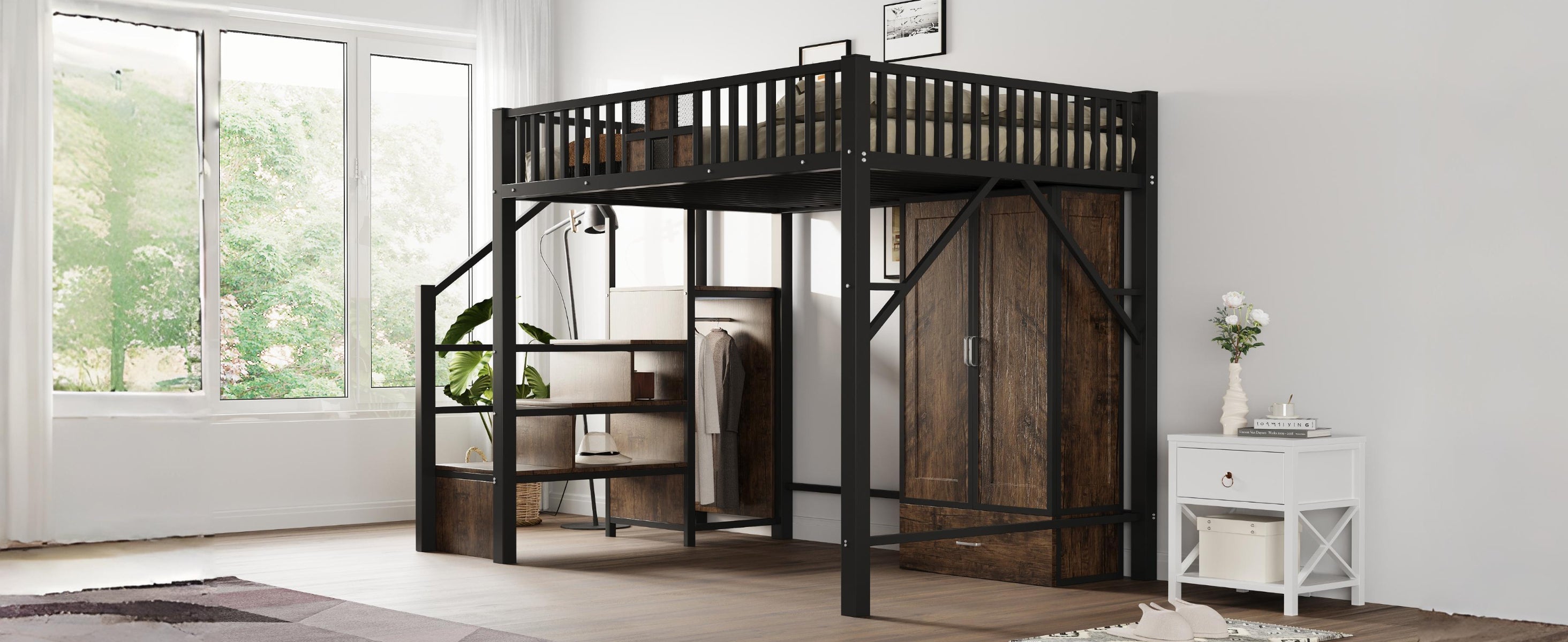 Metal Loft Bed 140x200cm, Wardrobe, Drawers & Storage Ladder, Black Wood & Metal
