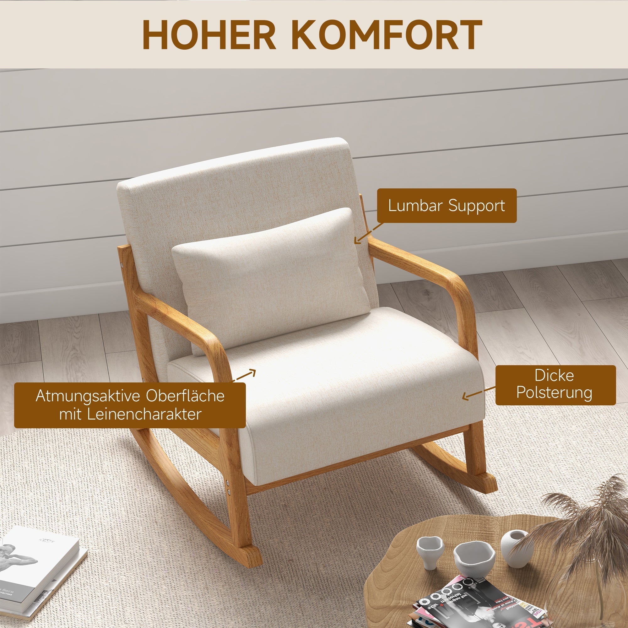 Rocking Chair, Padded Wooden Frame Armrest Relaxing, Cream