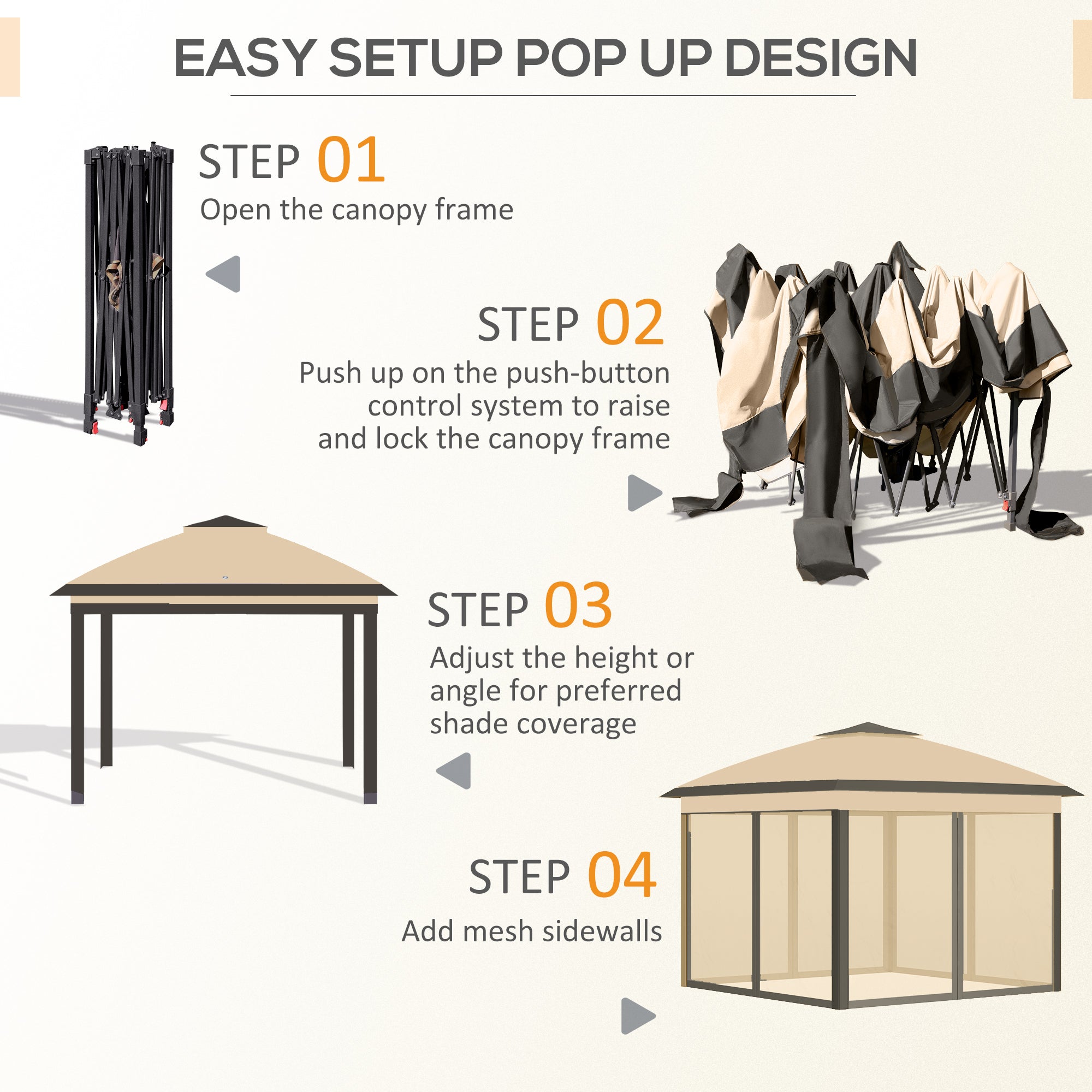 Pop Up Gazebo, 3.3 x 3.3m Double Roof Foldable with Zipped Mesh Sidewalls, Height Adjustable, Beige