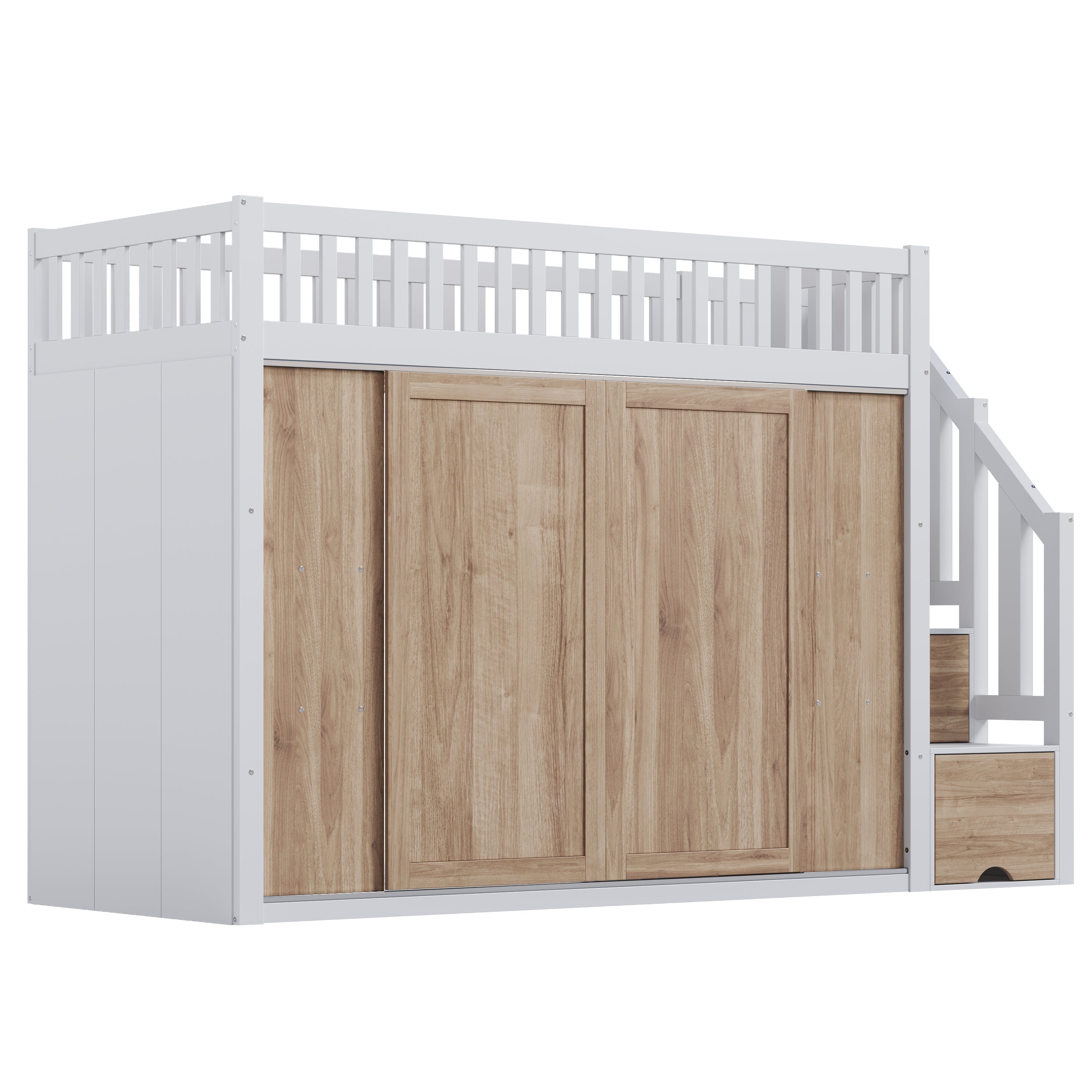 Children's Bunk Bed (90x200 cm) Multifunctional with Wardrobe Staircase LED Strip - White and Oak