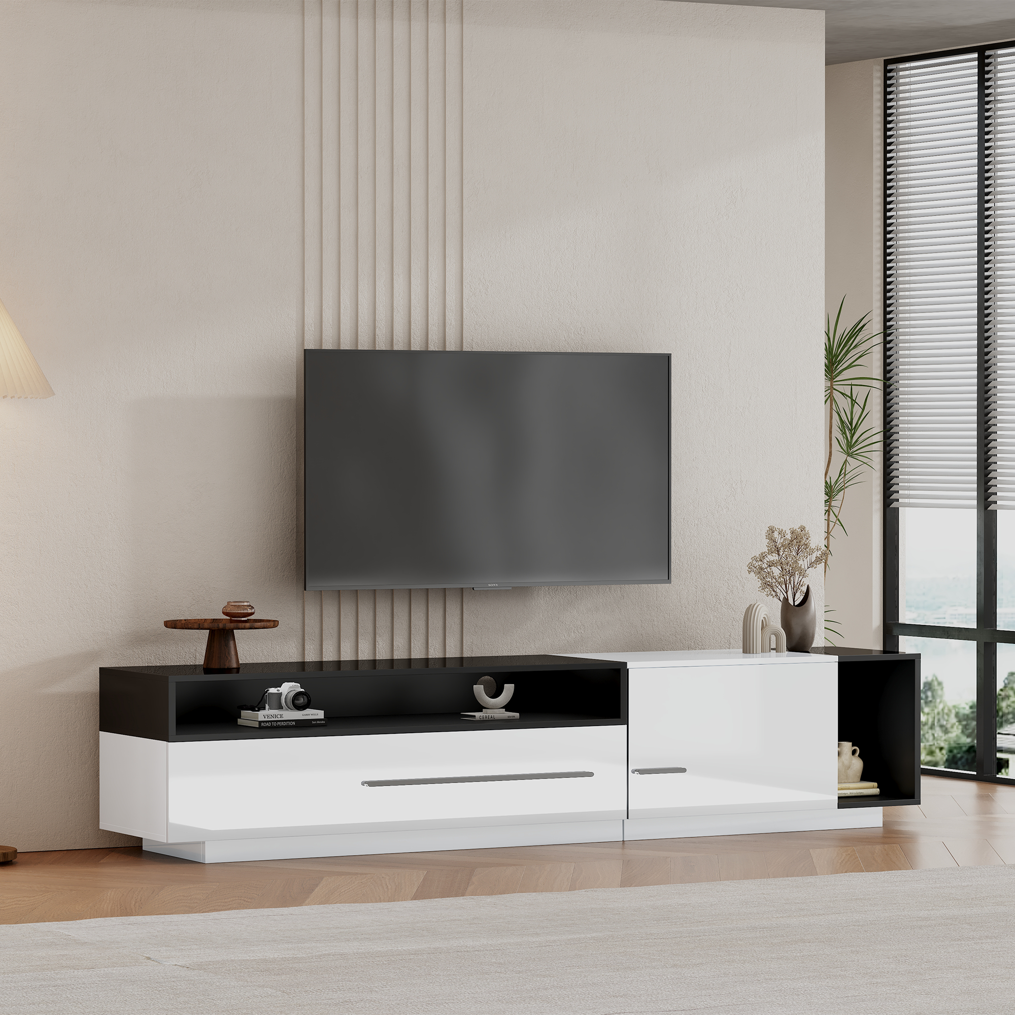 High-Gloss TV Cabinet, 170cm Lowboard for 70-inch TVs with Drawer & Door