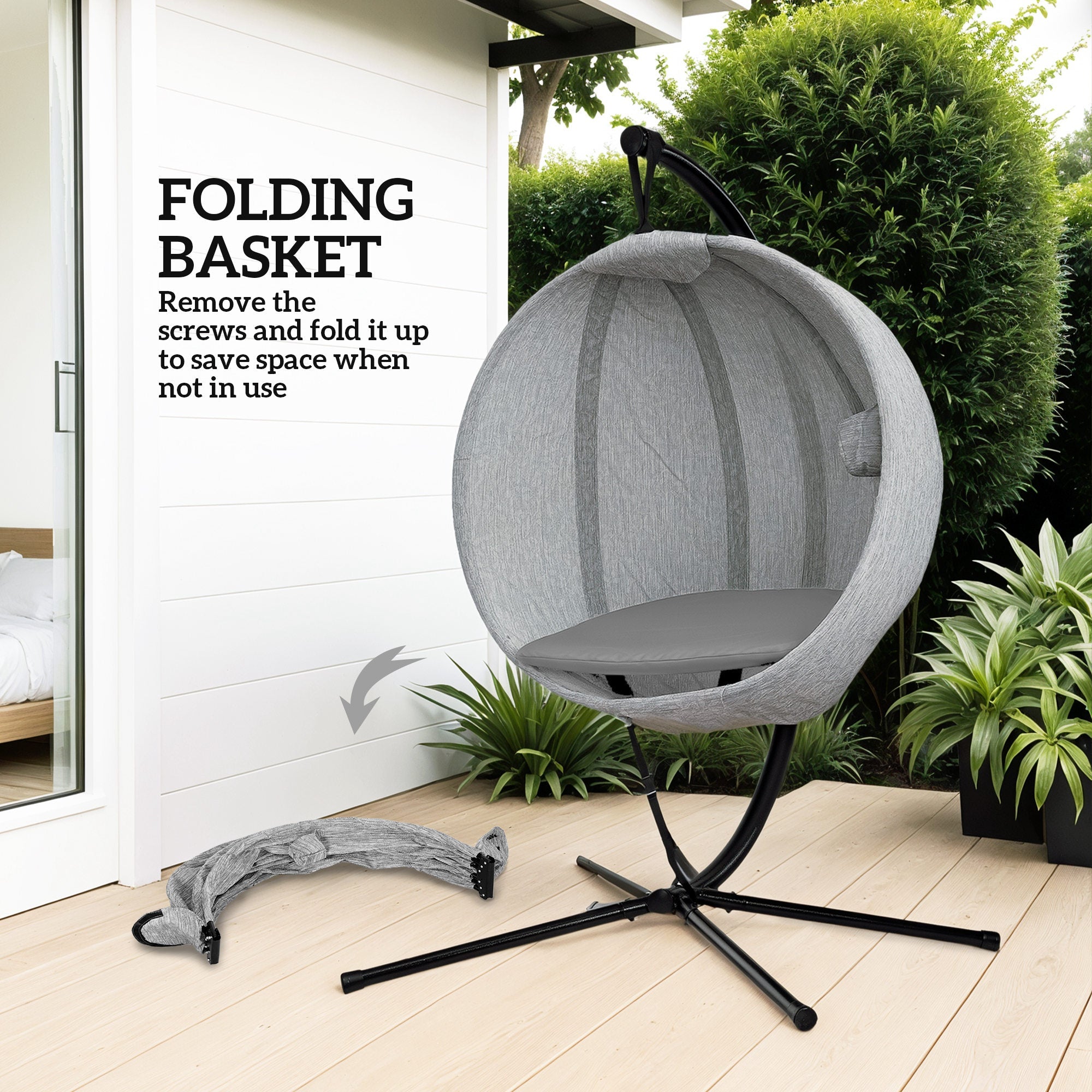 Hanging Egg Chair with Stand, Folding Basket & Cup Holder, Grey