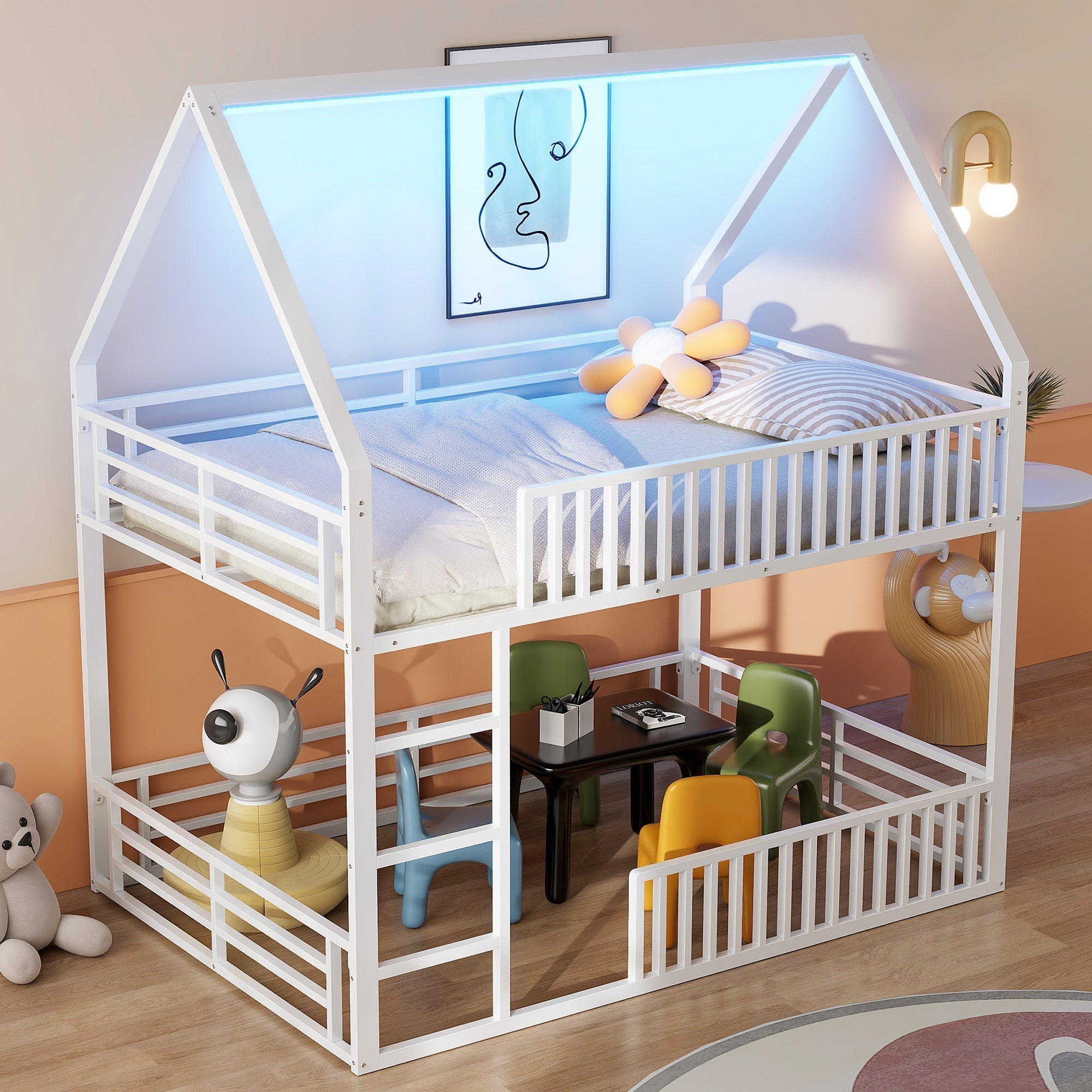 House-Shaped Bunk Bed with Fence and LED Light, 140x200cm, White