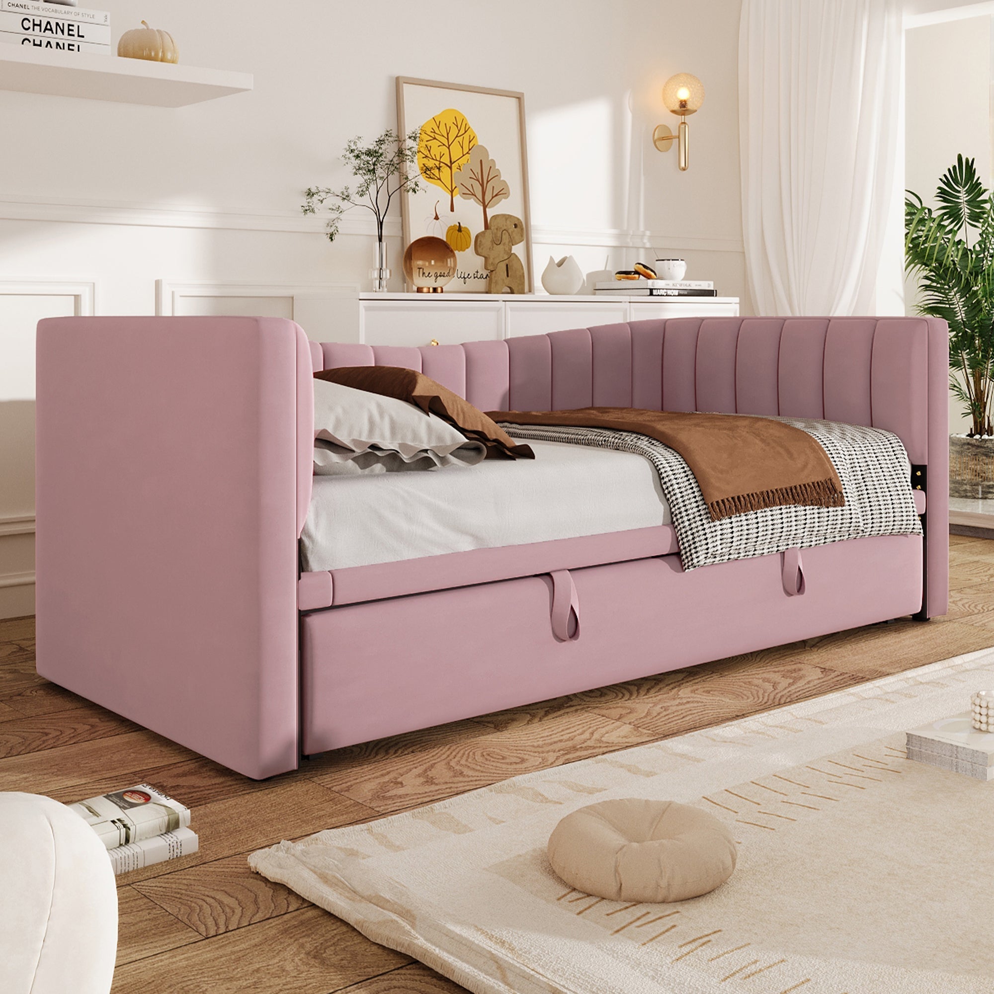 Daybed Upholstered Pull-out Bed 90/180x200cm - Velvet Pink