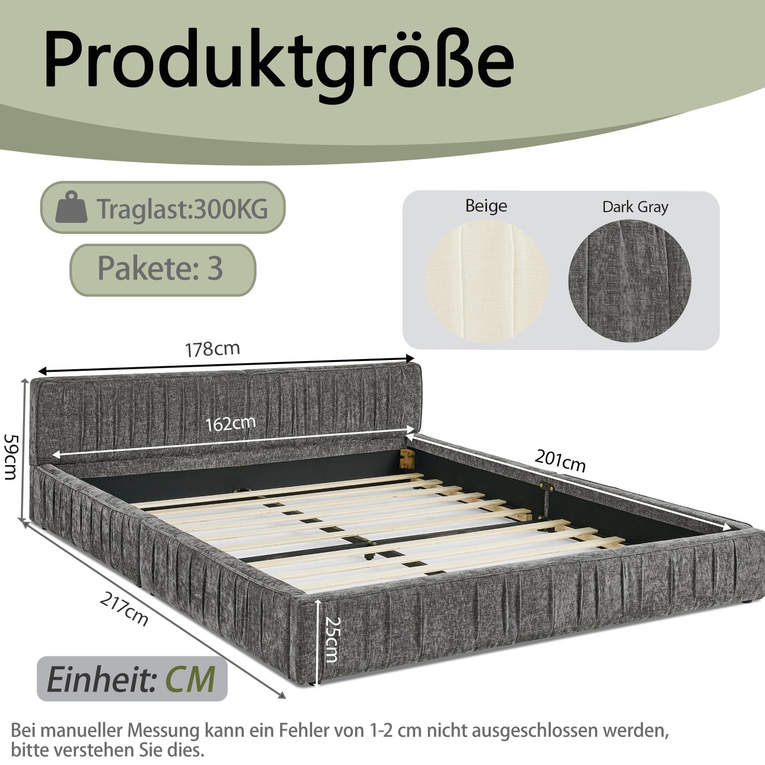 Double Bed 160x200cm Chenille Eucalyptus Wood Iron Frame - Dark Grey