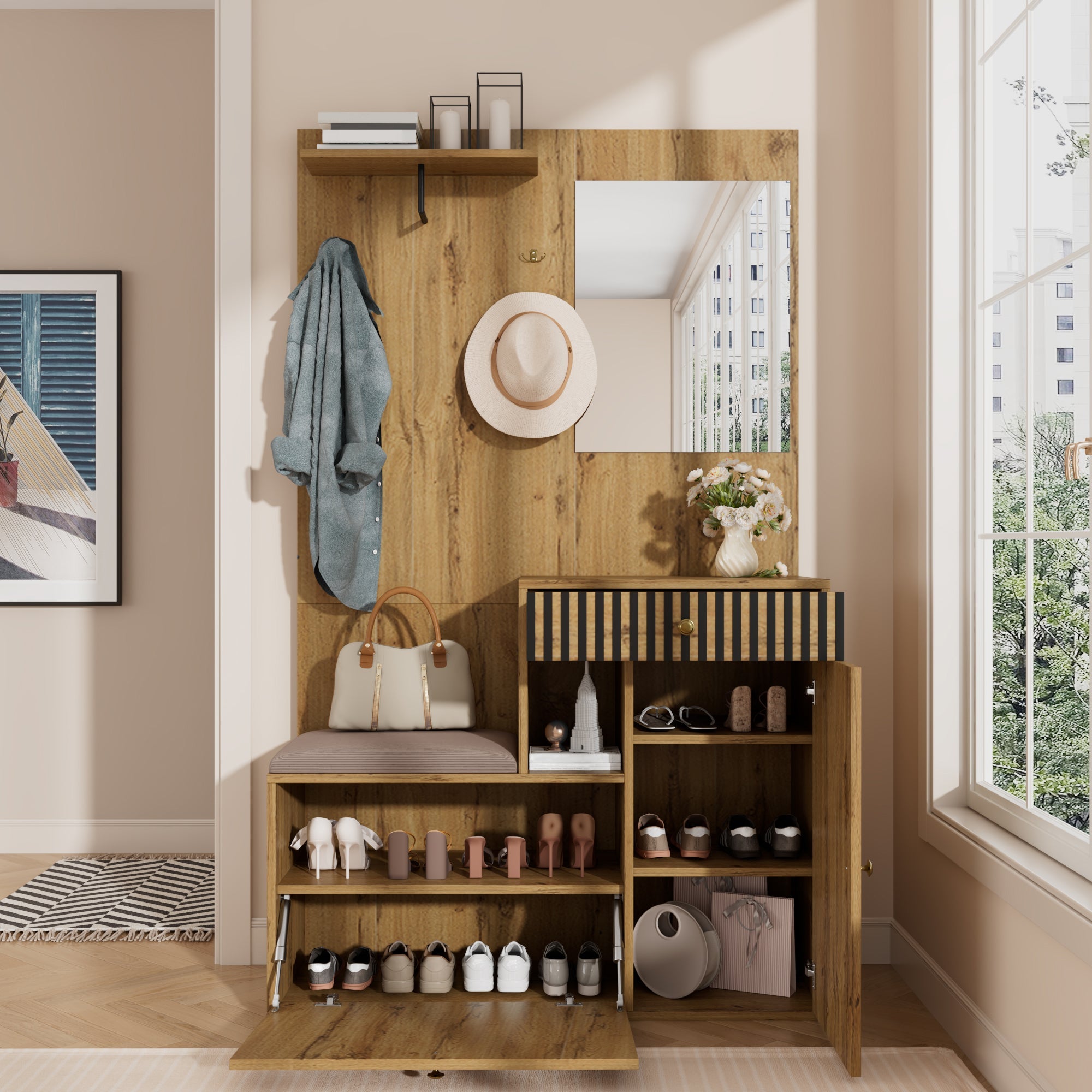Wardrobe Set, Hallway Mirror Cushion Shoe Cabinet, 110x185.5x37cm