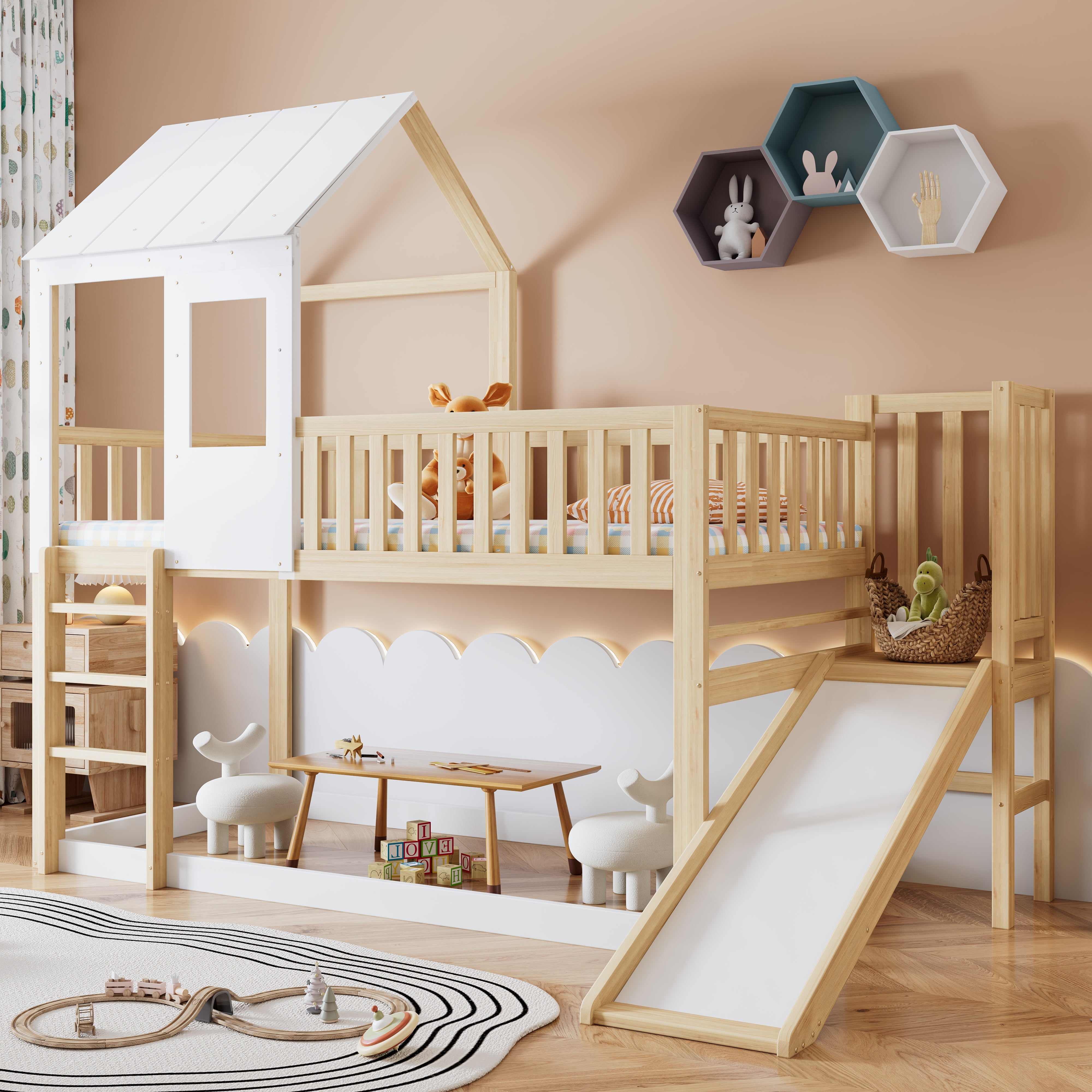 Bunk Bed with Ladder, Slide, Roof & Window, Pine Wood, Natural + White