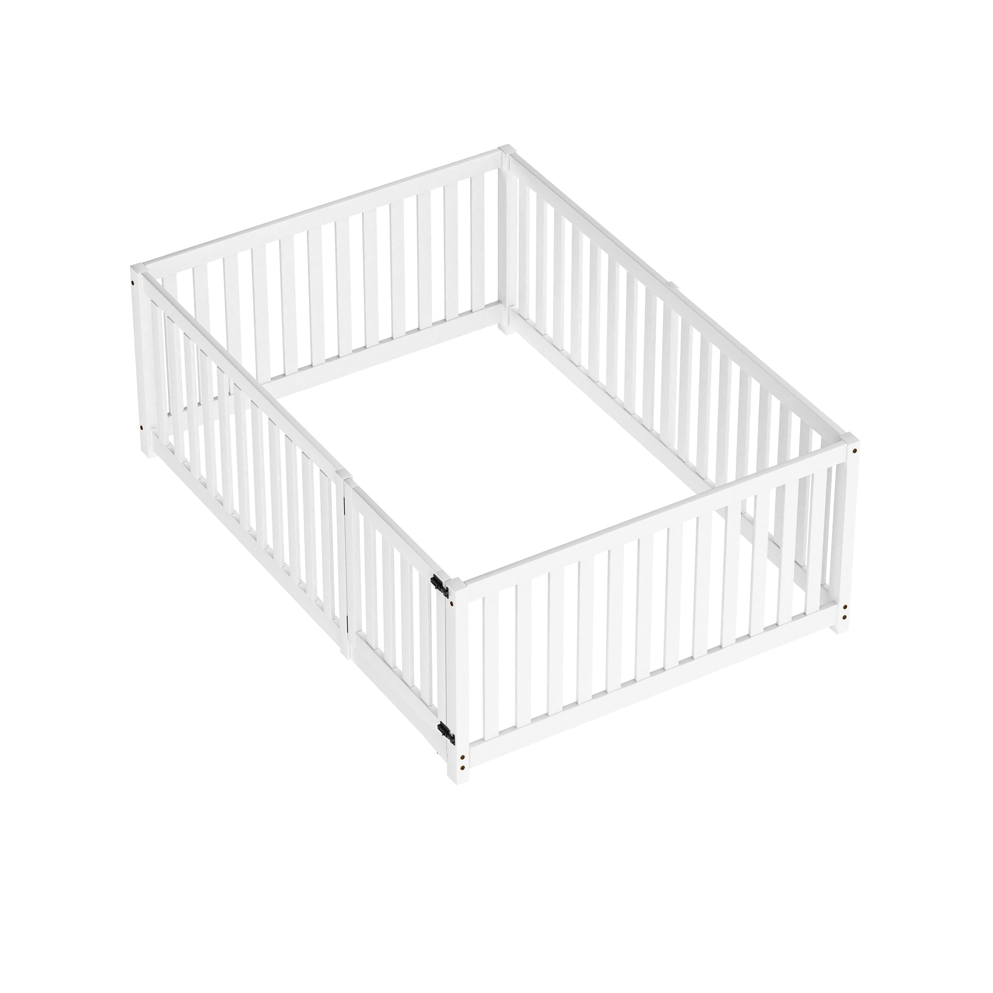 Children's bed 140 x 200, wooden floor bed frame with fence and door, white