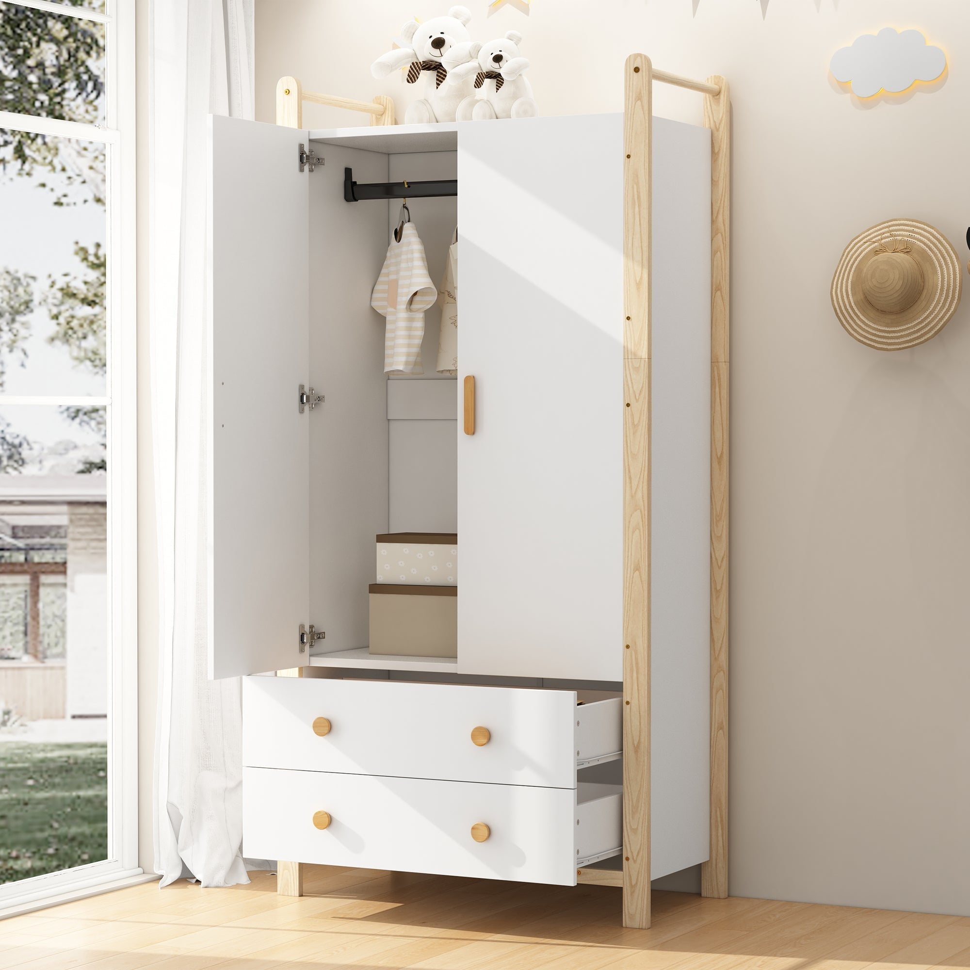 2-Door Wardrobe with Clothes Rail & 2 Drawers, 90x45x180 cm - White/Pine