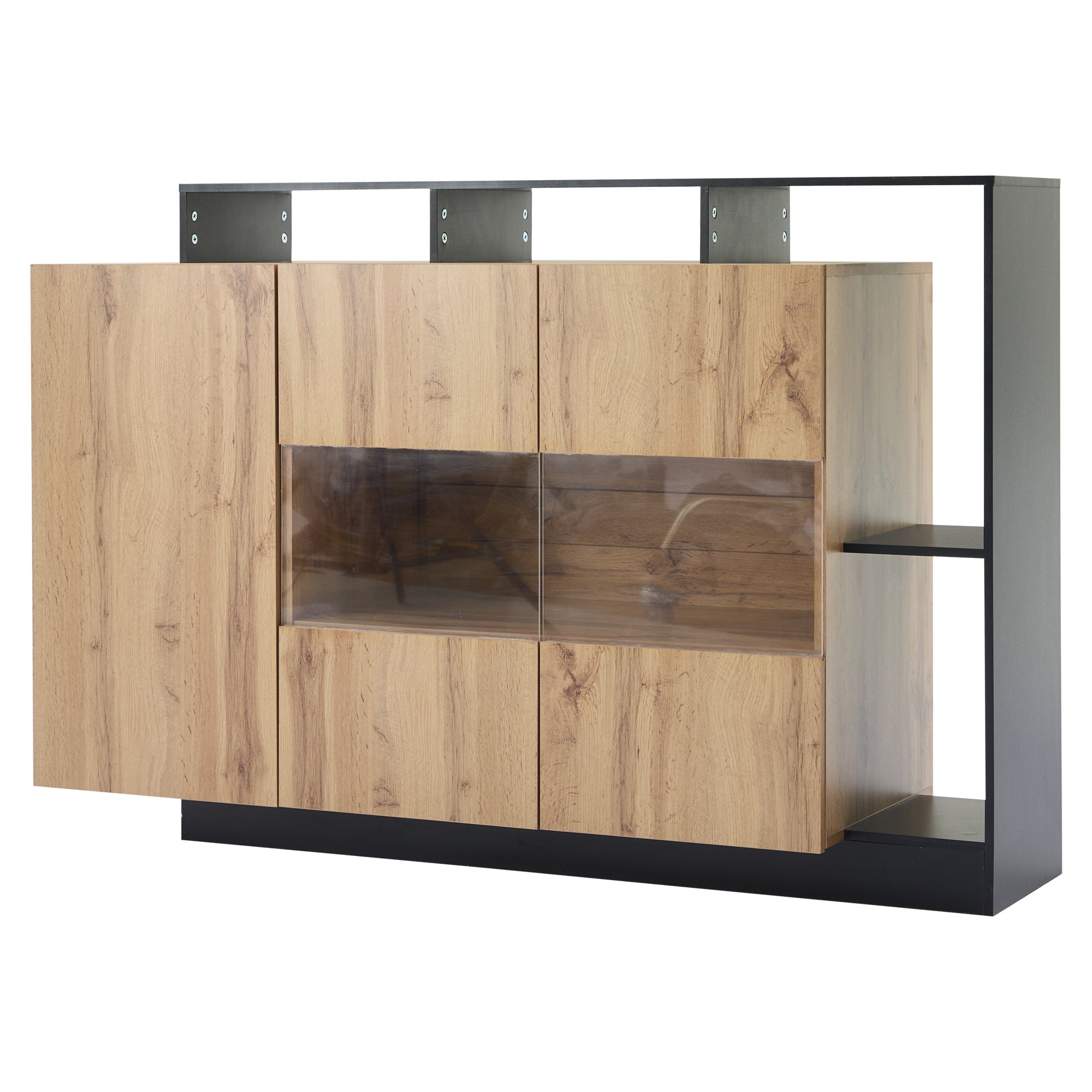 Modern LED Sideboard, Glass Dining Cabinet with Bluetooth Control, Wood Color MDF