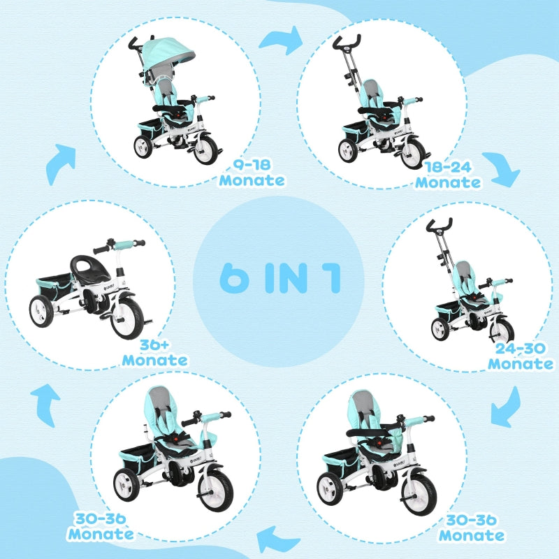 6-in-1 Tricycle with Push Bar, Sun Canopy, Safety Harness, Basket, Cup Holder, Green