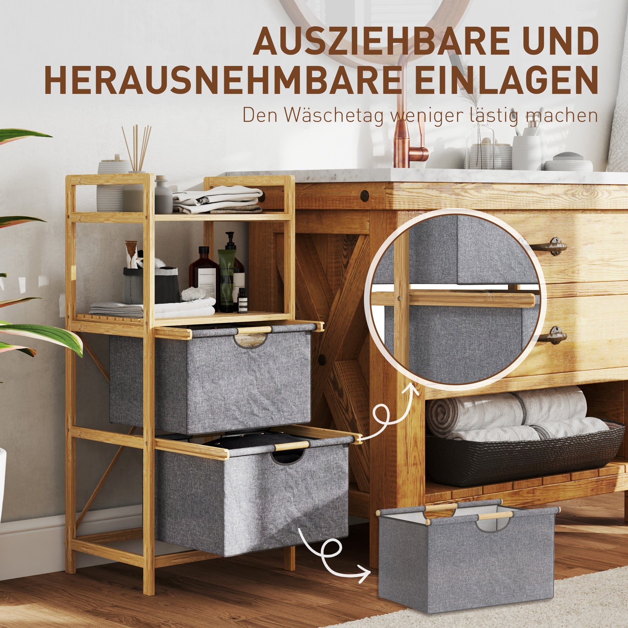 Wäschekorb mit 2 Stoffkörben, offenen Regalen, Griff, Bambus, Natur