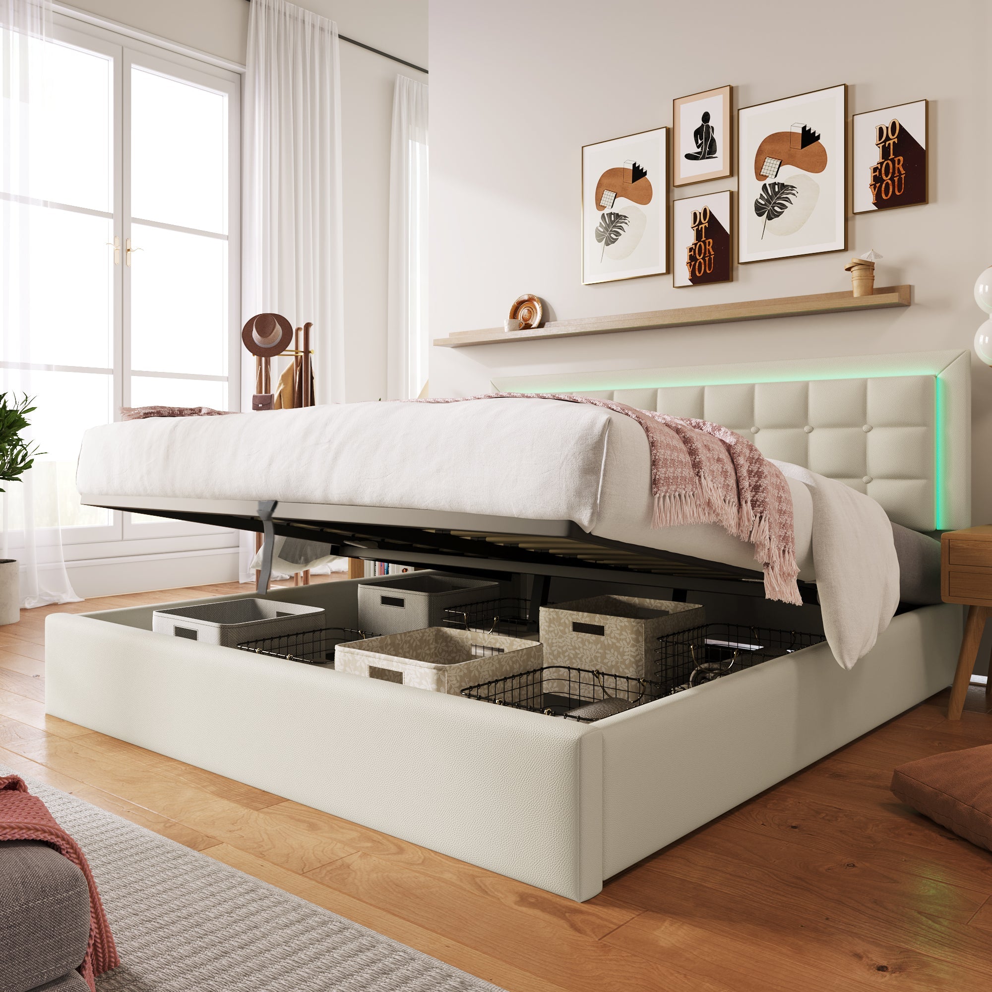 Upholstered Bed with LED Lighting, Storage Space and Slatted Frame, 140x200cm, White Faux Leather
