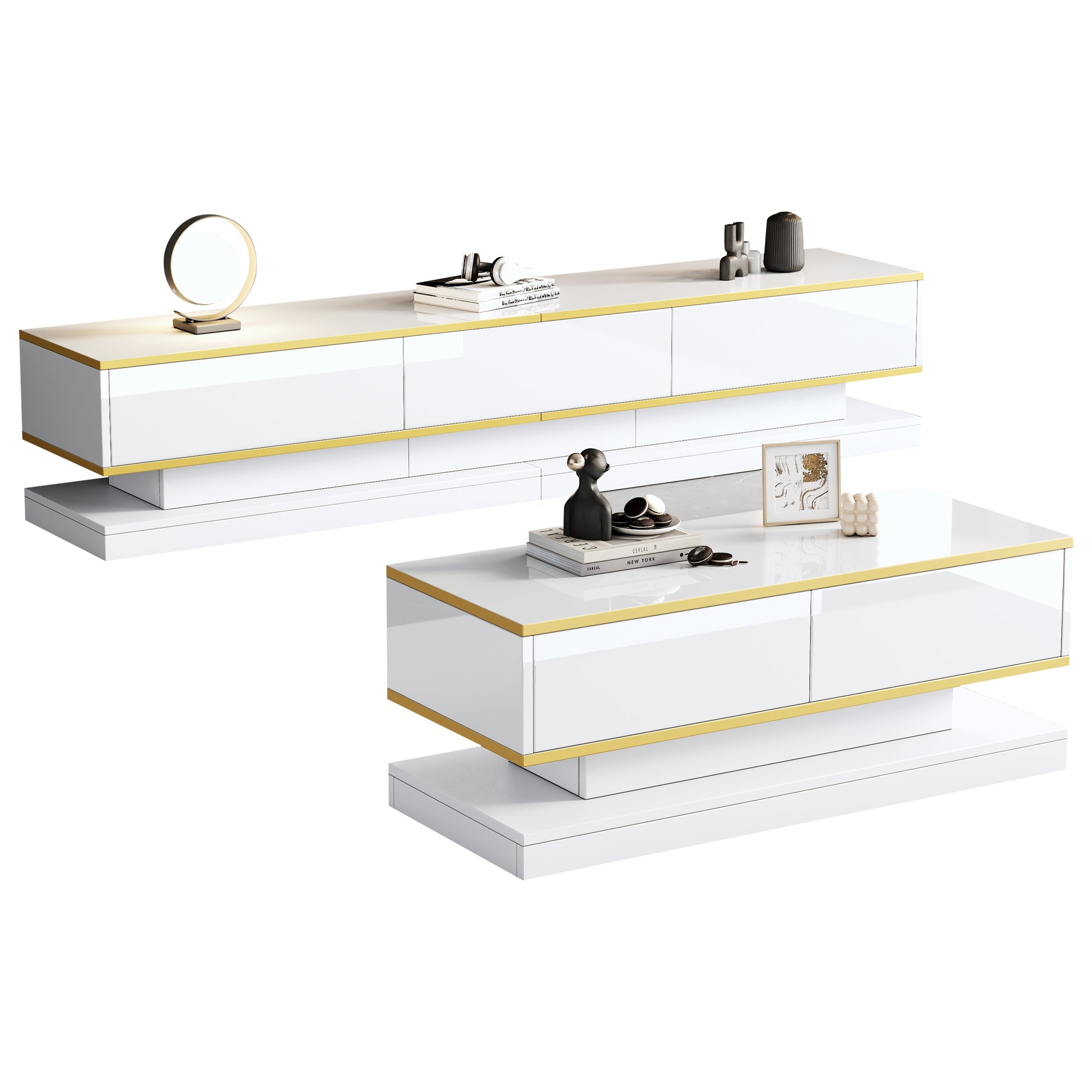 TV Stand & Coffee Table Set with 3-Drawer TV Console & 2-Drawer Coffee Table, White High Gloss & Gold