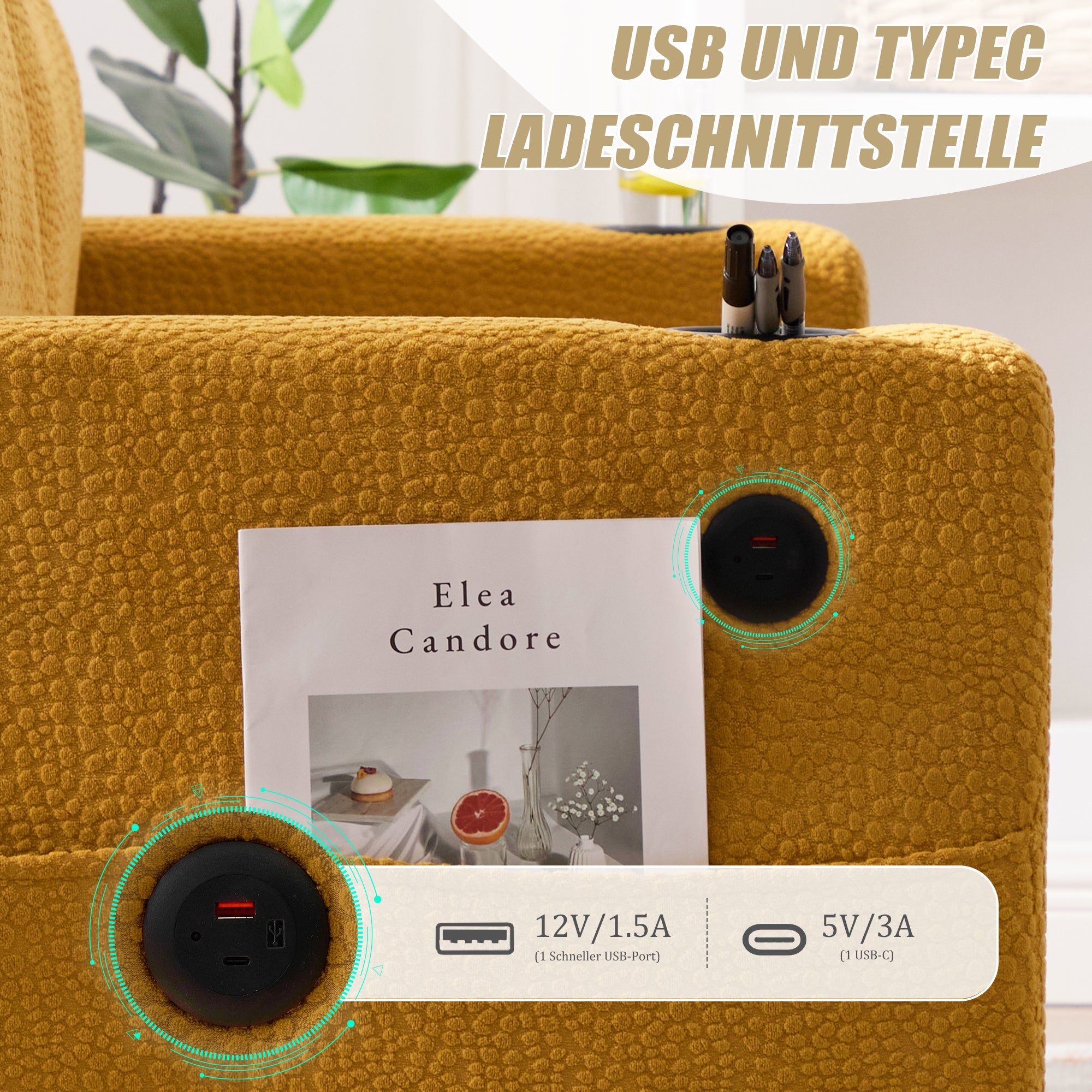 2-Seater Sofa USB-C LED Cup Holders Storage - Mustard Yellow Chenille