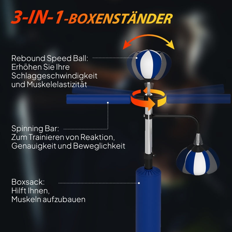 Boxing Stand Adjustable Height with Two Speedballs, Rotating Bar, Kick Pads Steel, Blue