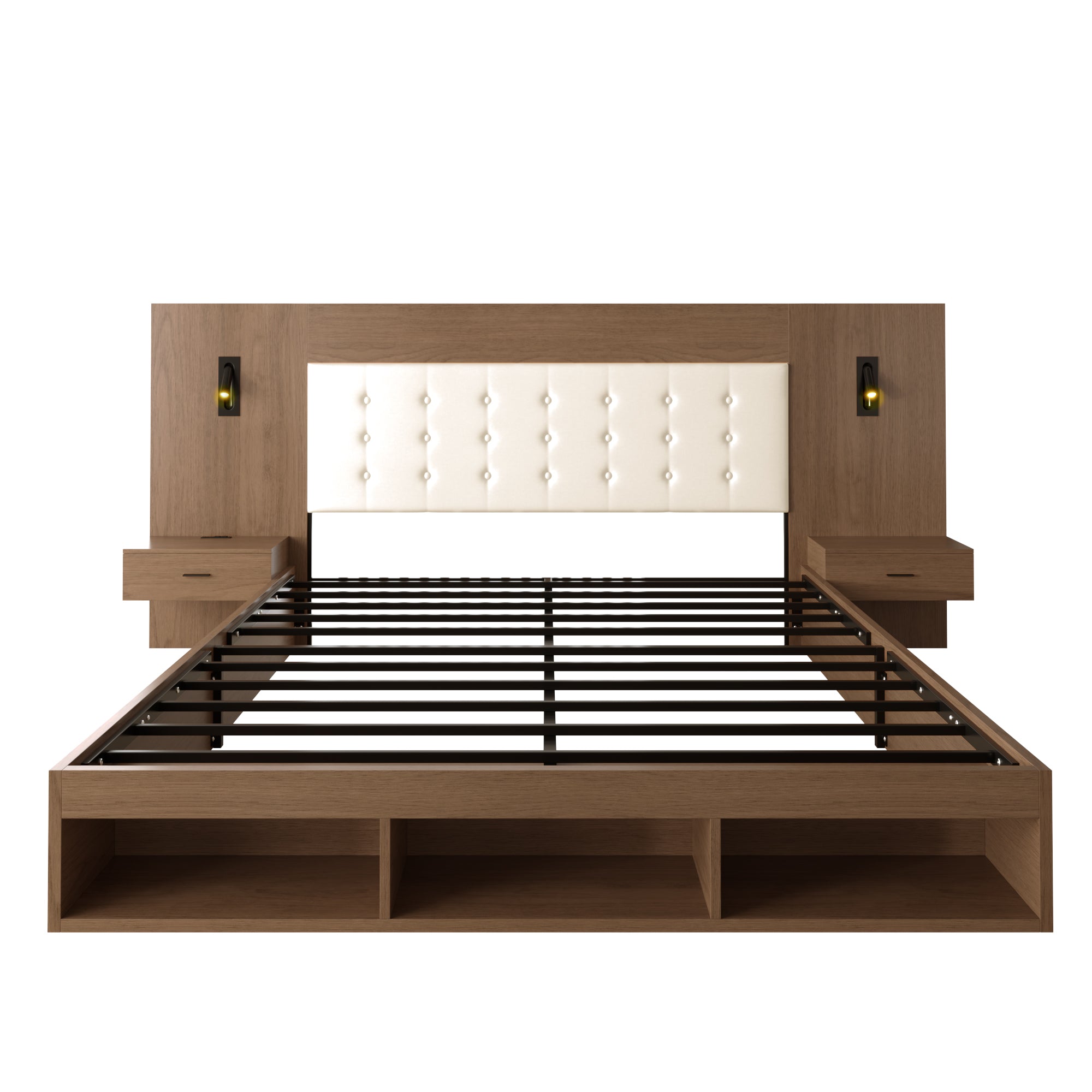Double Bed with USB Charging Station, Reading Lamp and 2 Bedside Tables, 180x200cm, Walnut Wood Color
