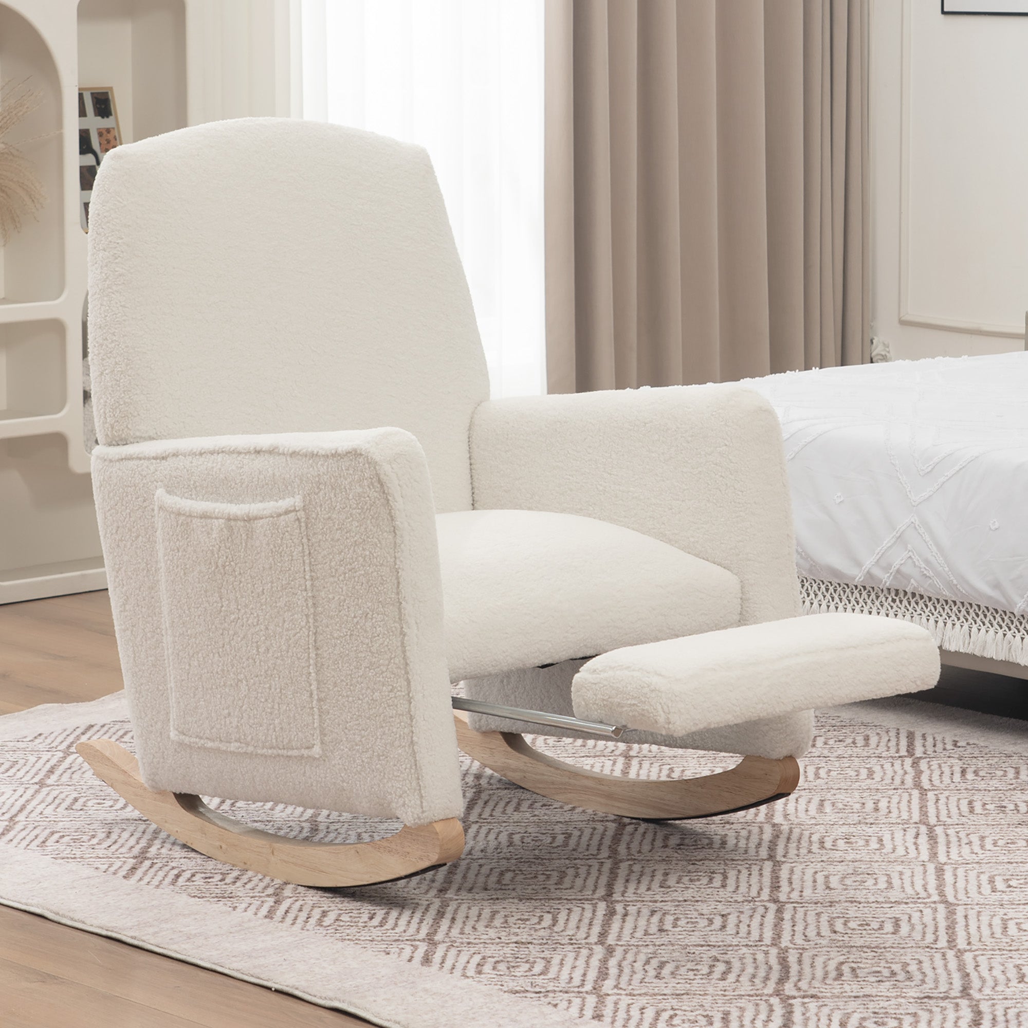 044 Rocking Chair with Stool, Recliner, High Back, White Teddy Fabric
