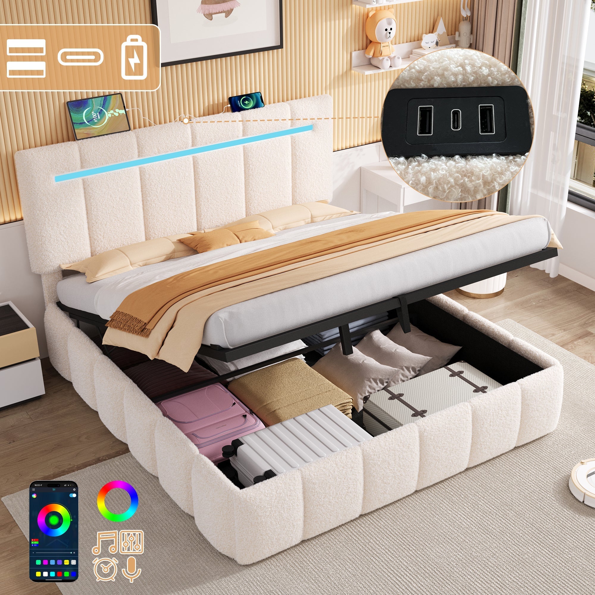 4ft6 Double Upholstered Bed Frame with Hydraulic Storage, LED Headboard, Boucle Fabric, Beige