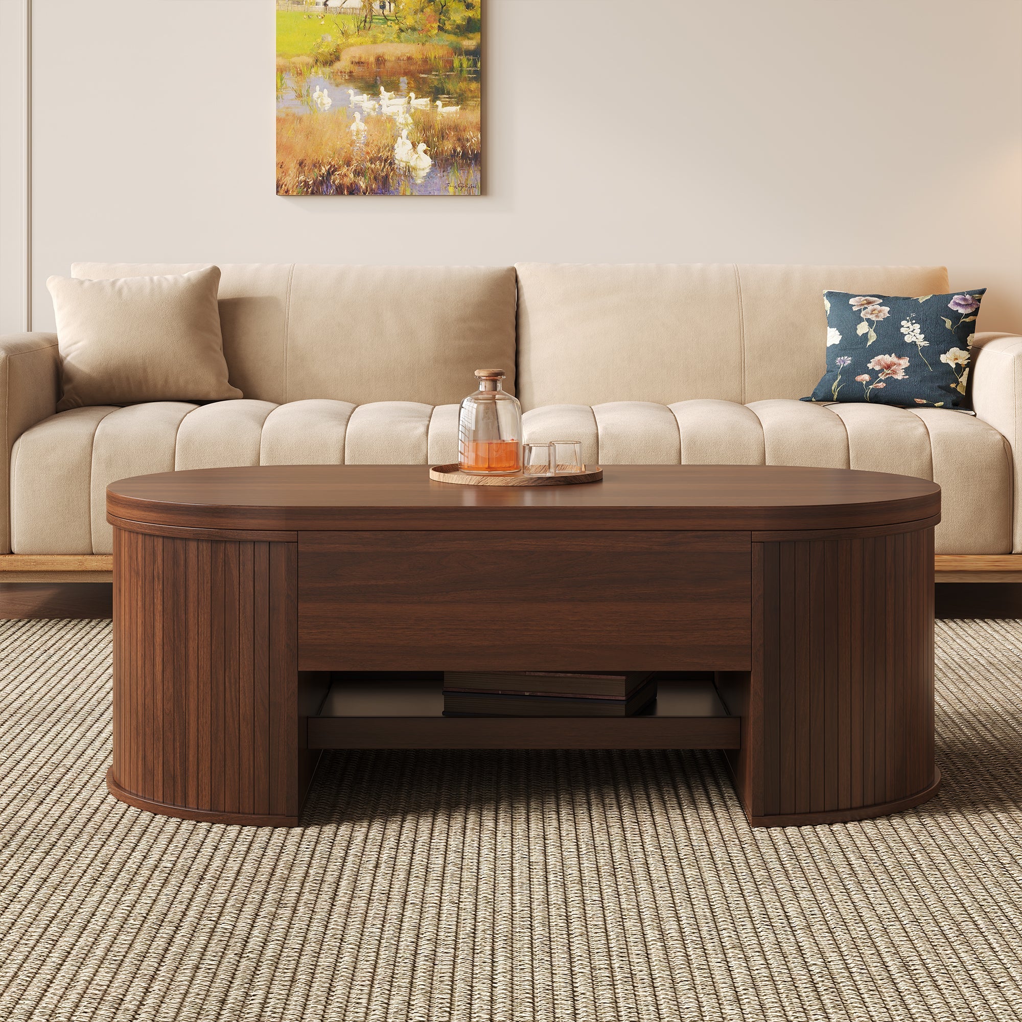 Liftable Coffee Table, Curved Sides Pull-Out Shelf Multifunctional, Wooden