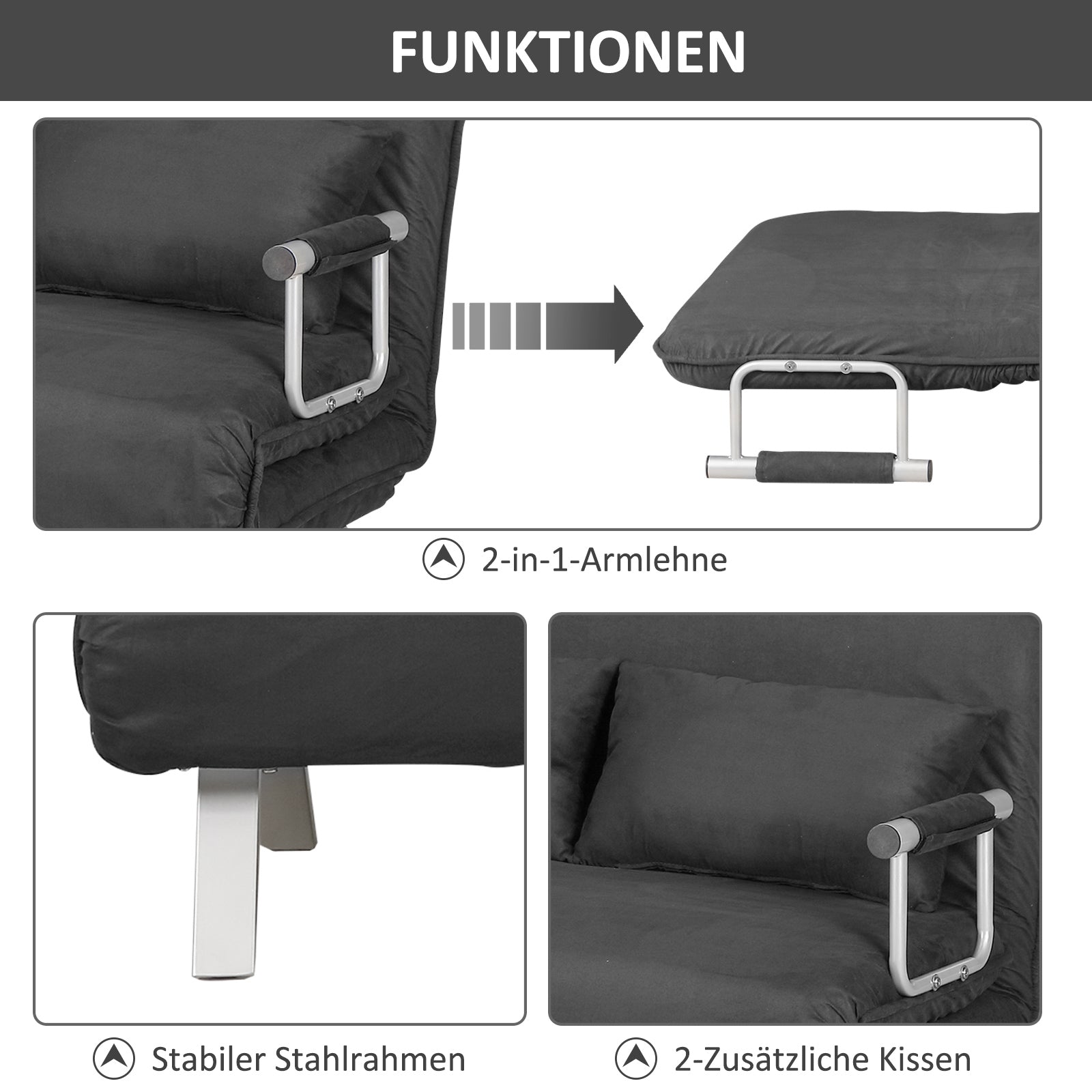 2-Sitzer Schlafsofa, Armlehnen klappbar, Gästebett, Wildlederimitat Grau